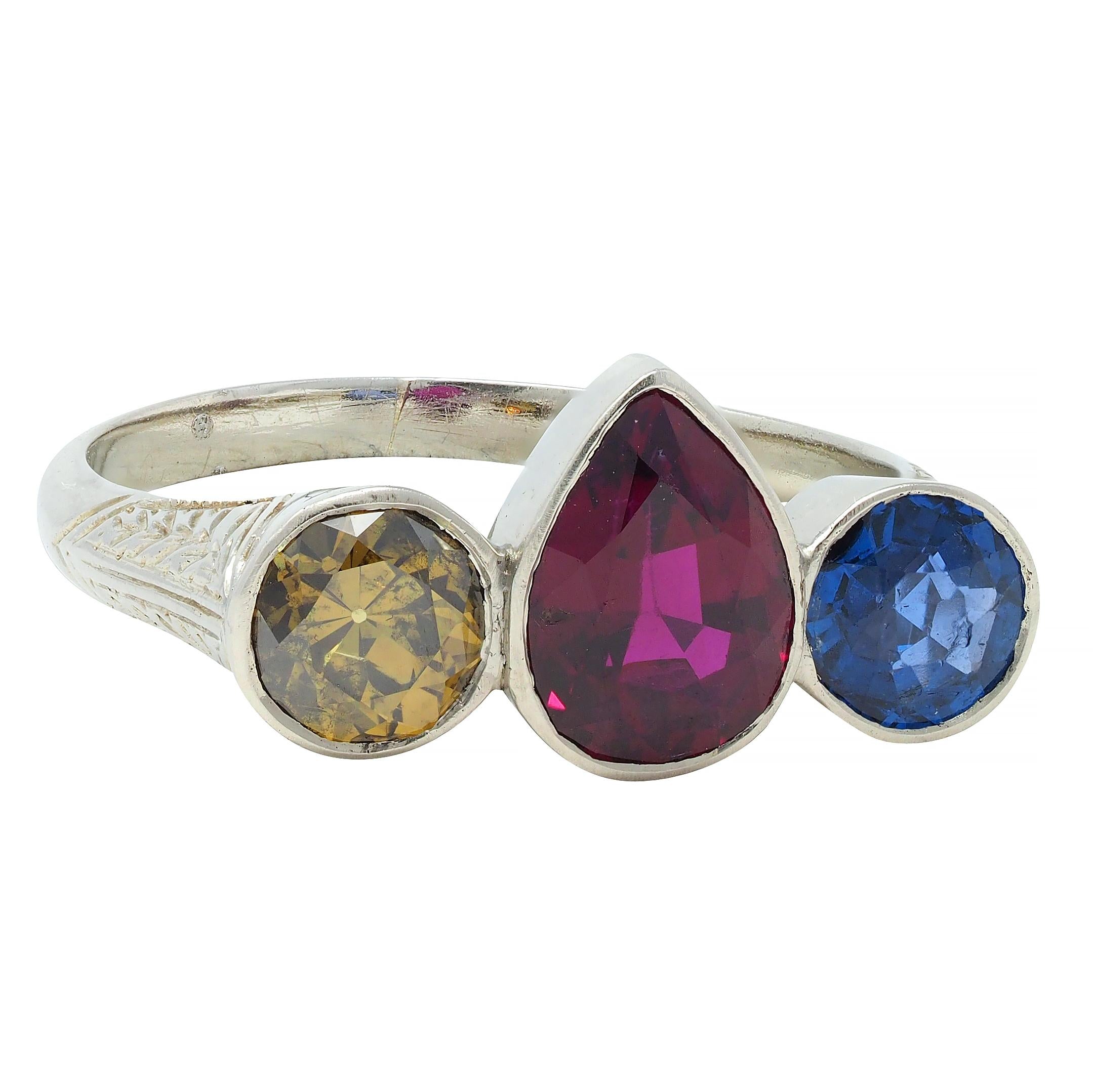 Art Deco 1.92 CTW Ruby Sapphire Fancy Green Diamond 14 Karat White Gold Ring