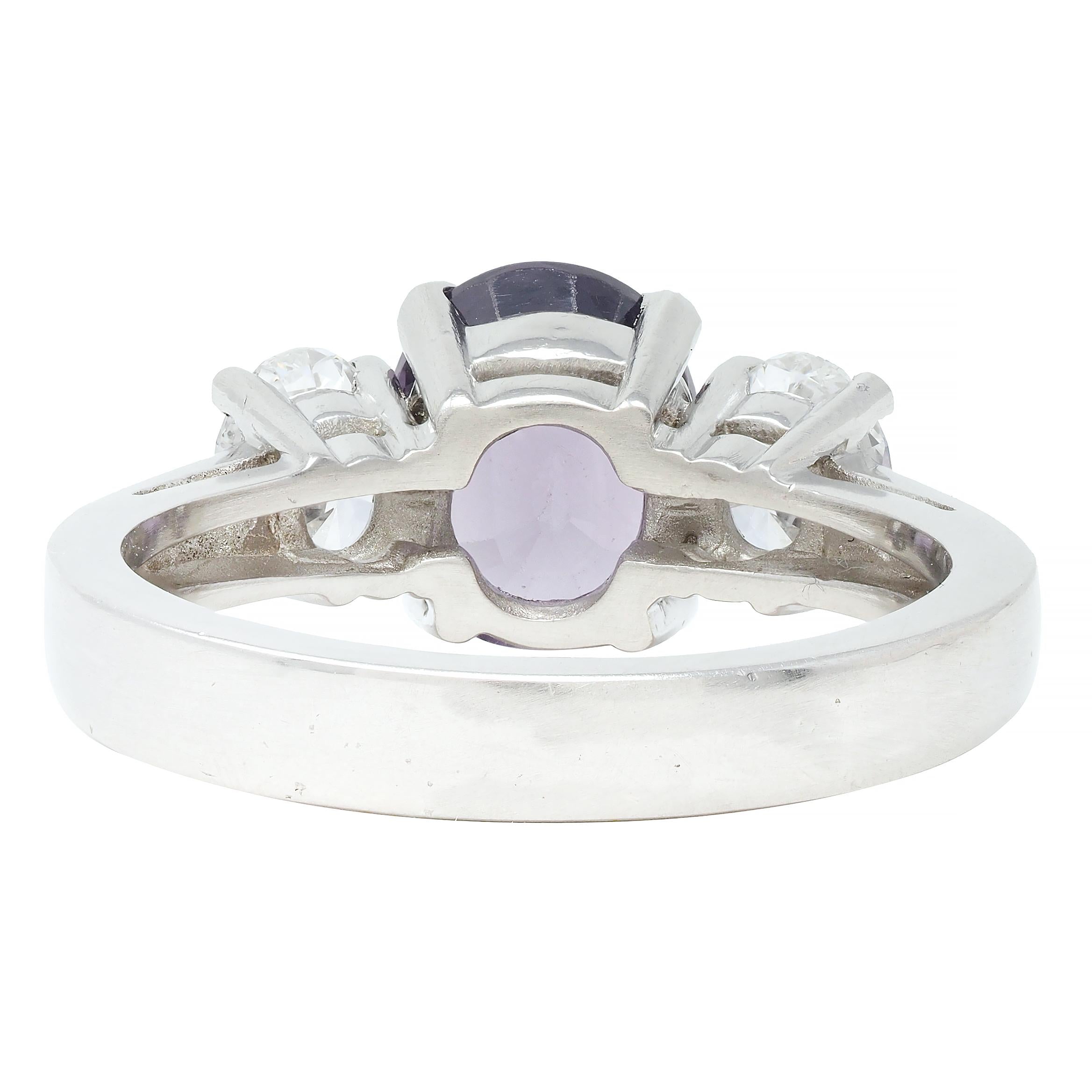 Contemporary 2.78 CTW Oval Cut Spinel Diamond Platinum Three Stone Ring