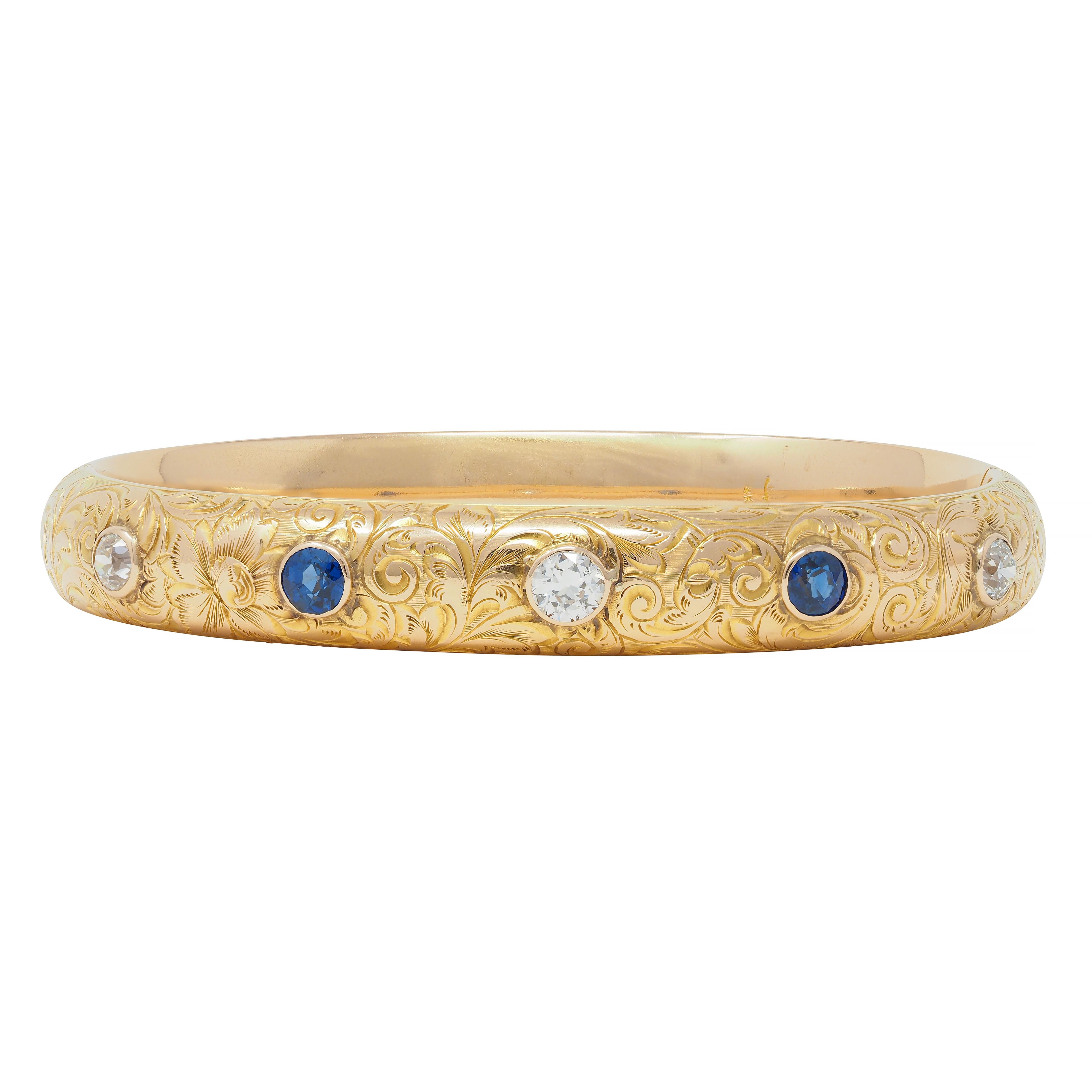 Riker Brother Art Nouveau Sapphire Diamond 14 Karat Gold Antique Bangle Bracelet
