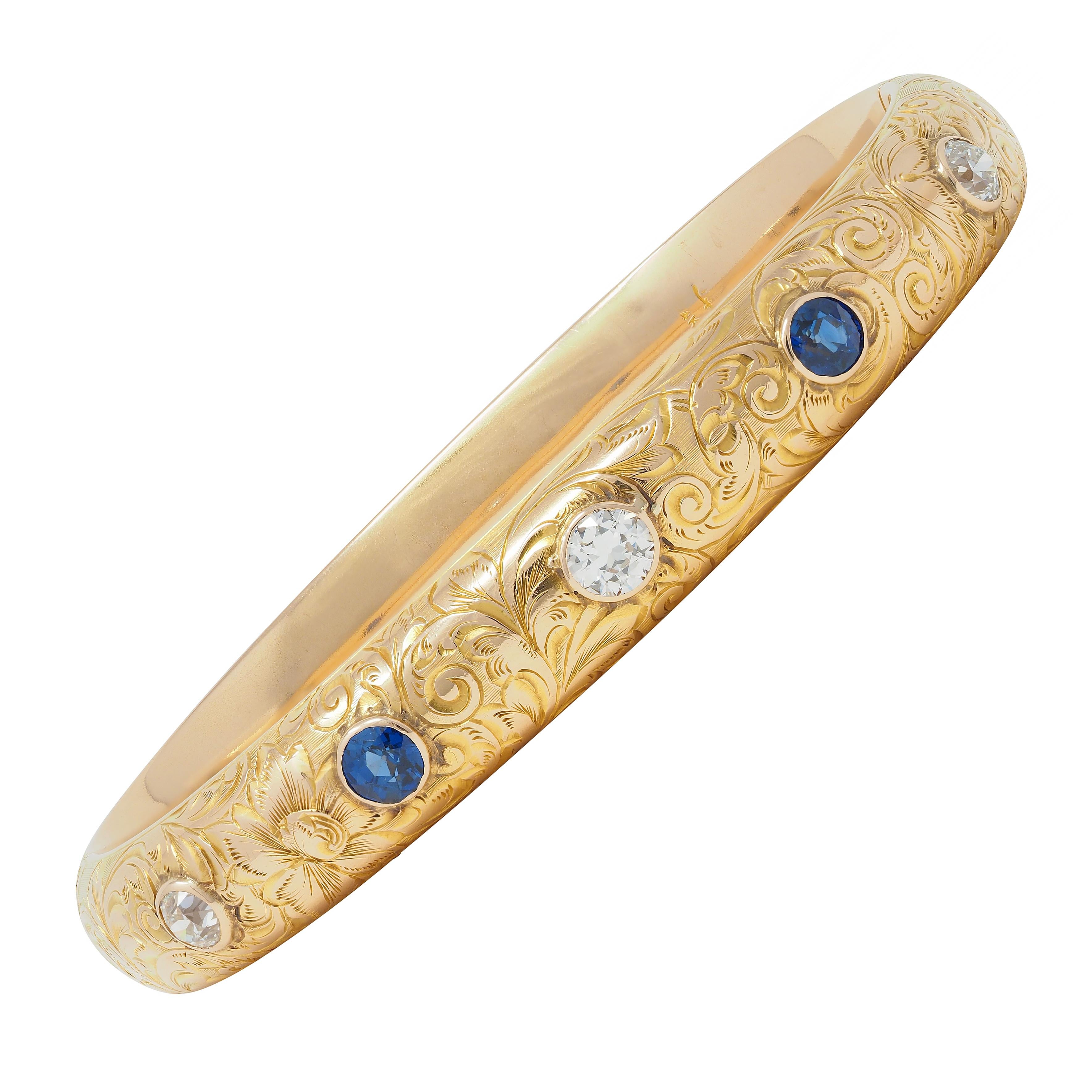 Riker Brother Art Nouveau Sapphire Diamond 14 Karat Gold Antique Bangle Bracelet