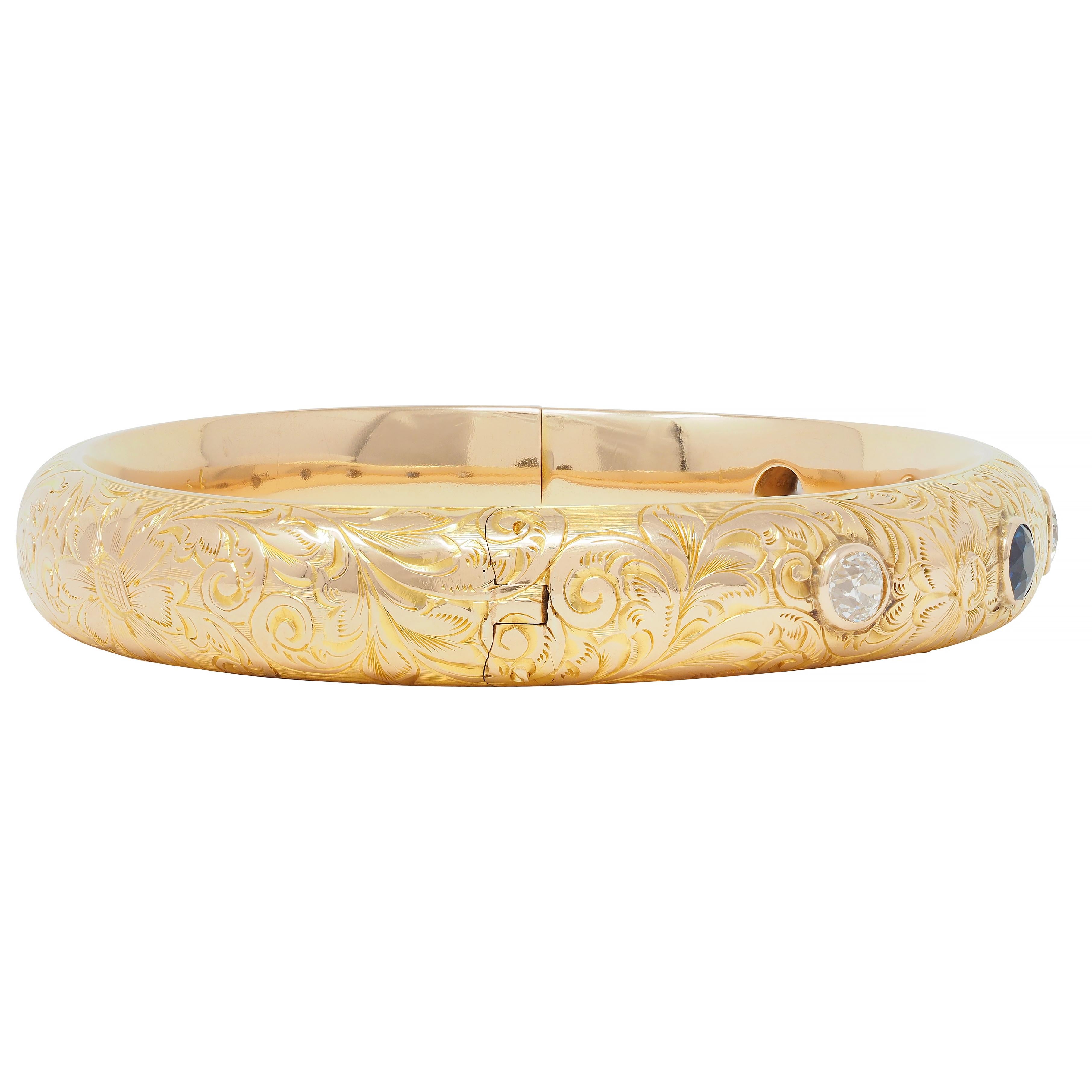 Riker Brother Art Nouveau Sapphire Diamond 14 Karat Gold Antique Bangle Bracelet