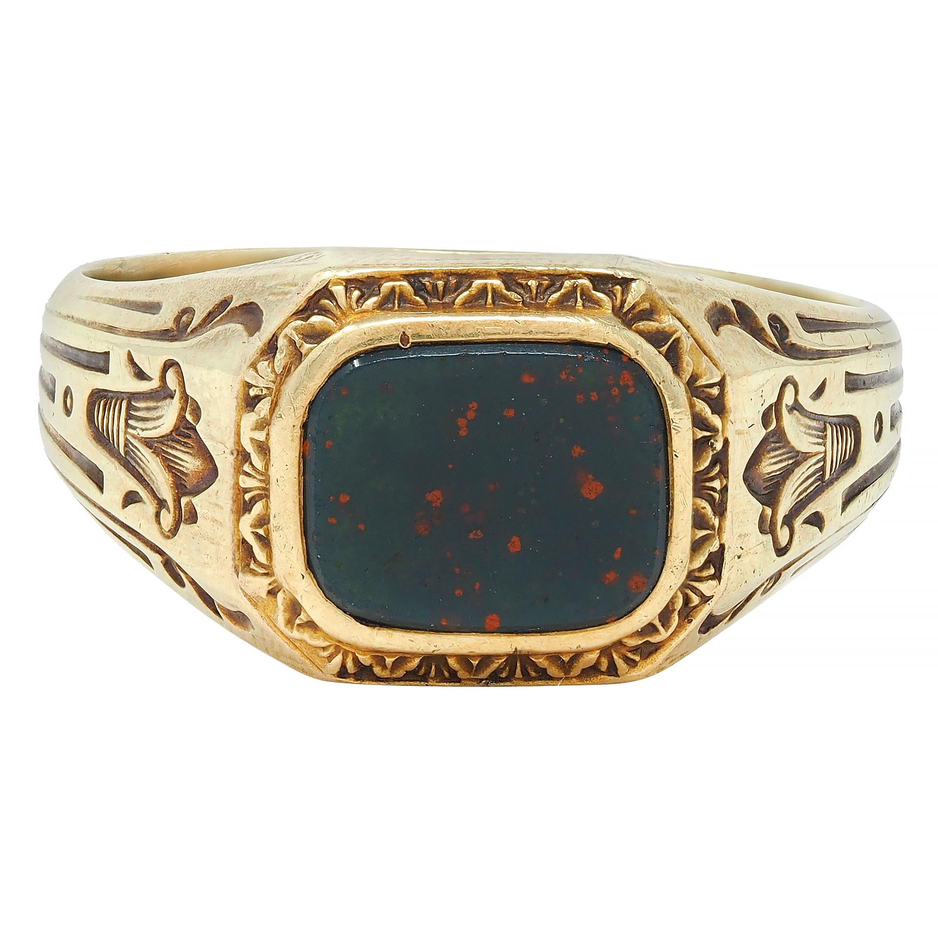 Art Deco Egyptian Revival Bloodstone 14 Karat Yellow Gold Antique Signet Ring