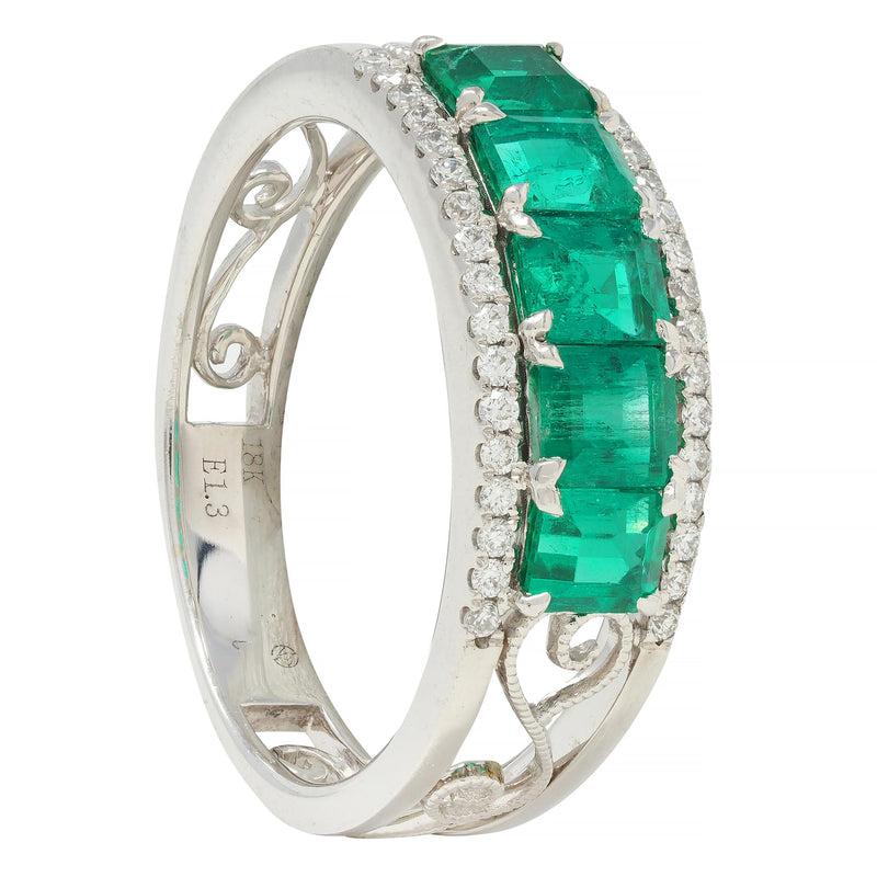 Contemporary 1.47 CTW Emerald Diamond 18 Karat White Gold Heart Band Ring