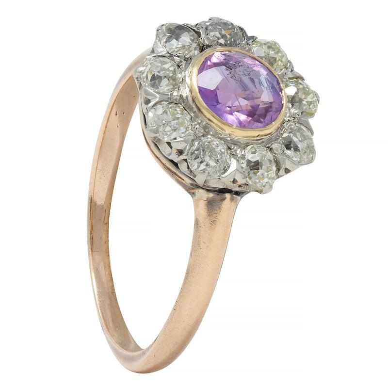 Edwardian Pink Sapphire Diamond Platinum 18 Karat Gold Antique Halo Cluster Ring