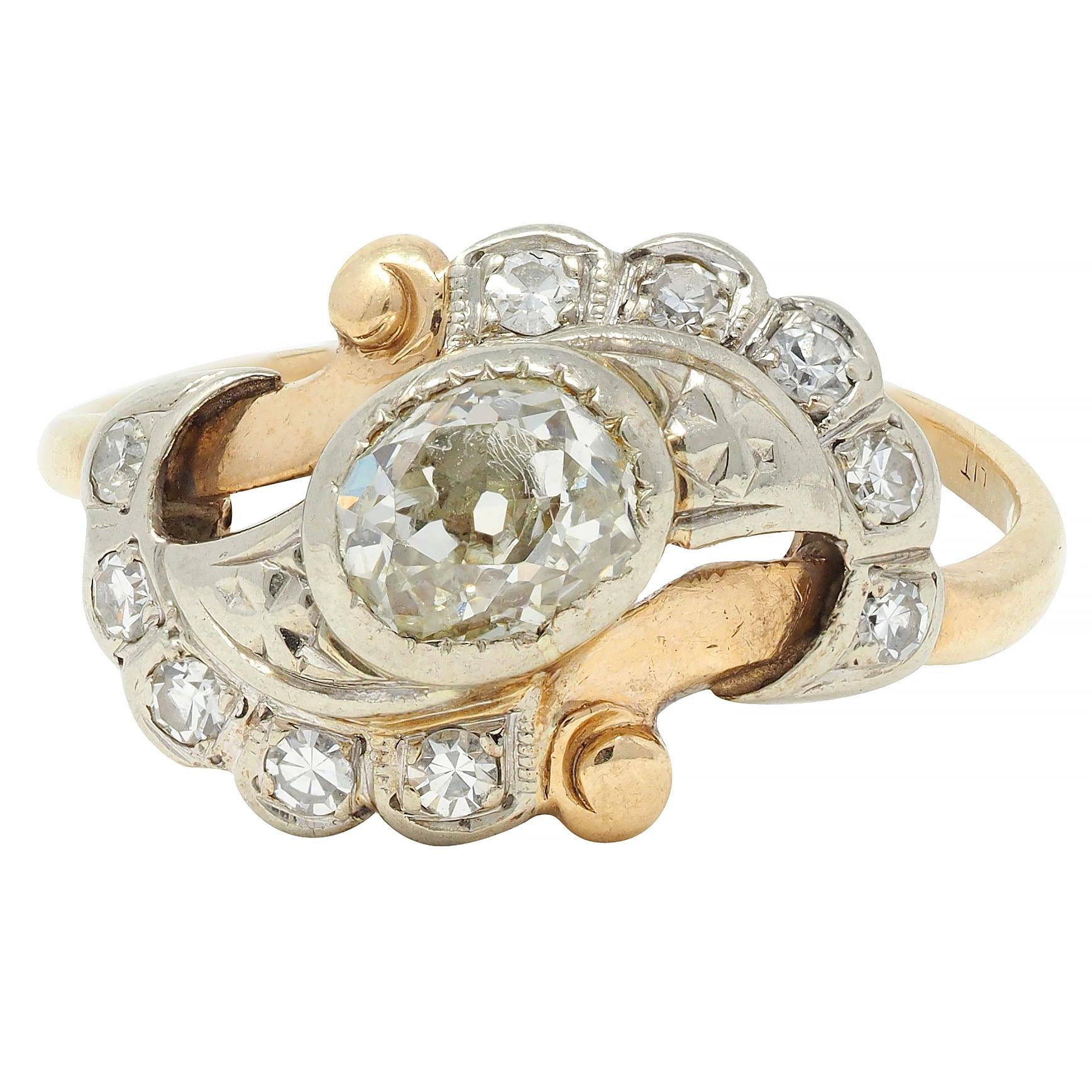 Early Art Deco 0.75 CTW Old Mine Cut Diamond 14 Karat Two-Tone Gold Bypass Ring