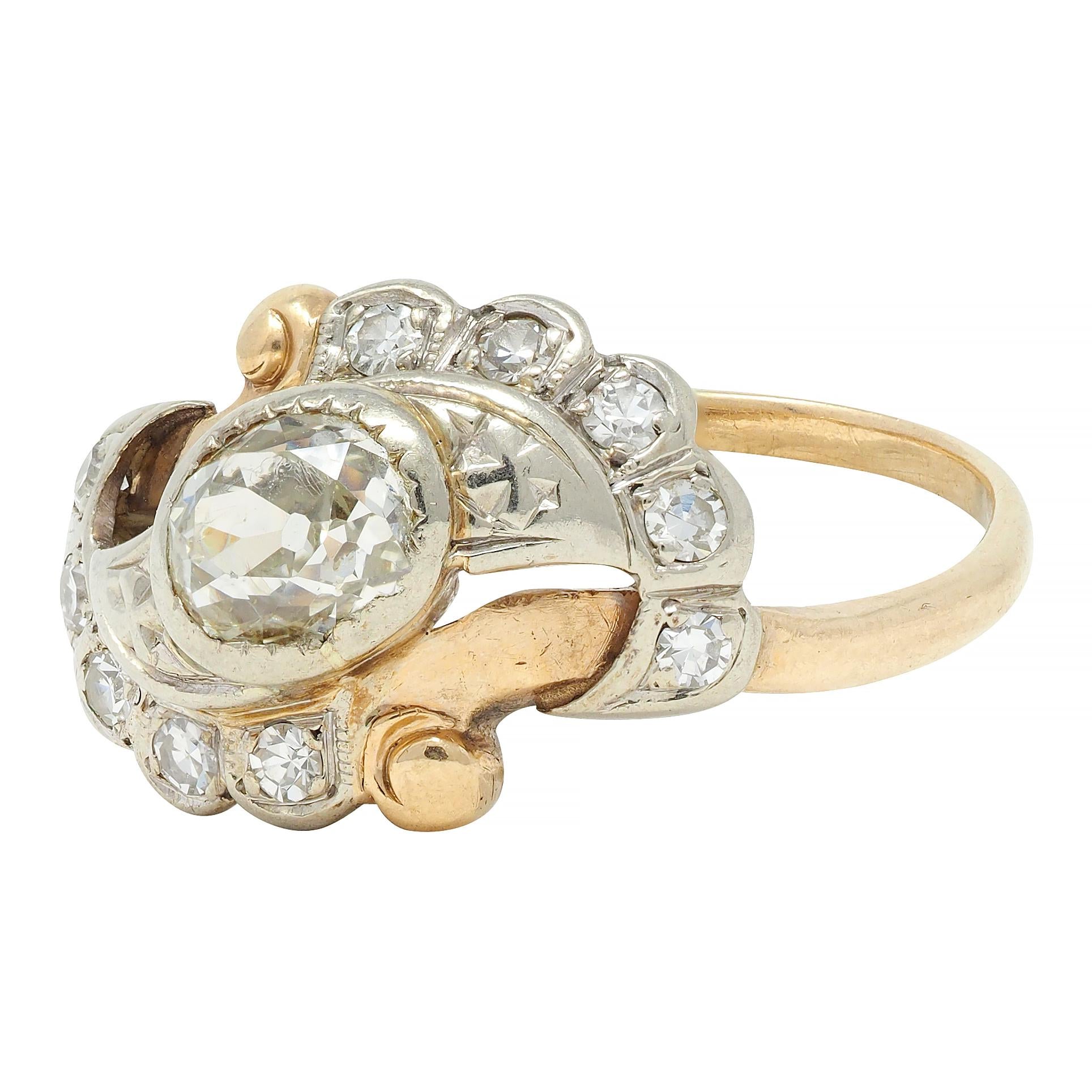 Early Art Deco 0.75 CTW Old Mine Cut Diamond 14 Karat Two-Tone Gold Bypass Ring