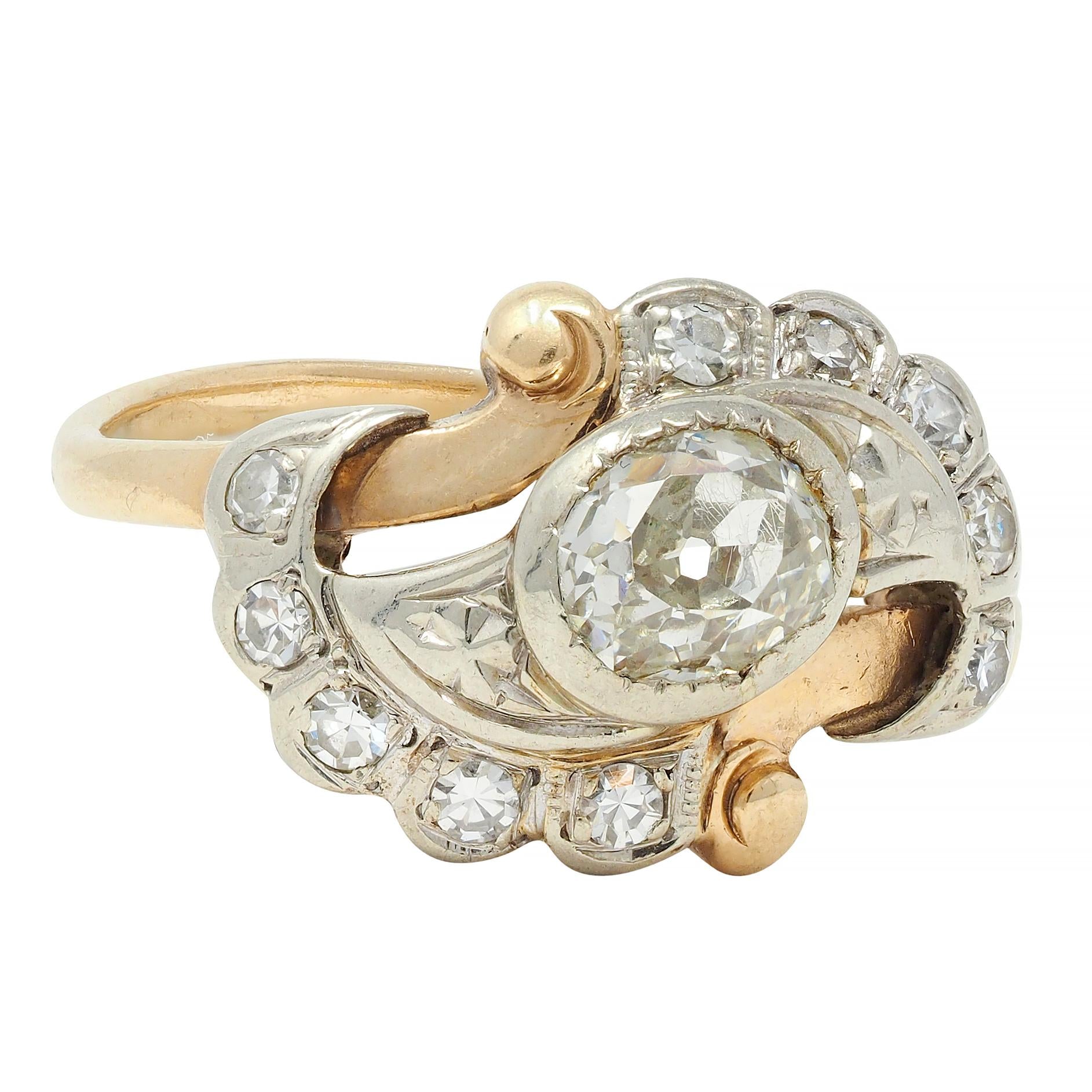 Early Art Deco 0.75 CTW Old Mine Cut Diamond 14 Karat Two-Tone Gold Bypass Ring