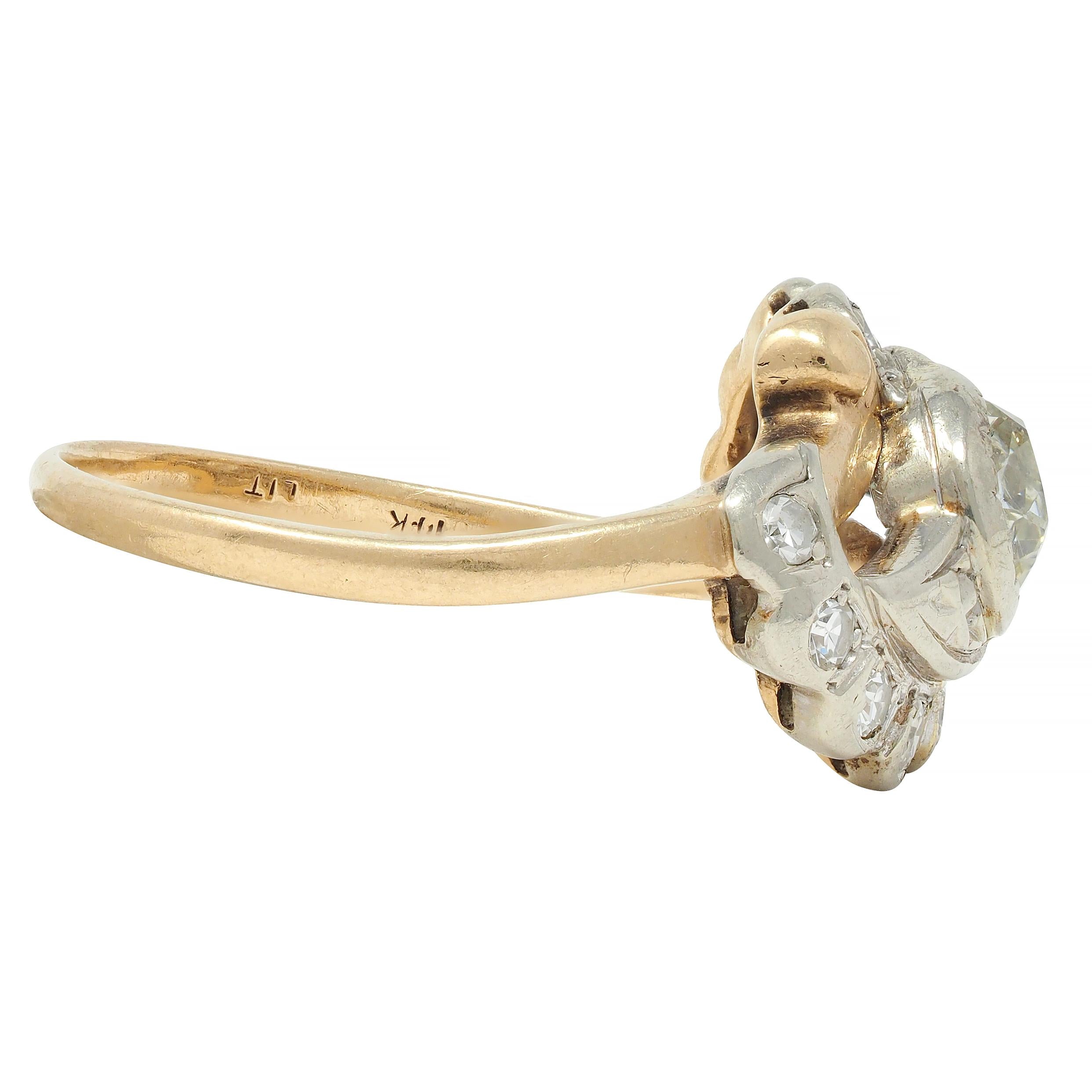 Early Art Deco 0.75 CTW Old Mine Cut Diamond 14 Karat Two-Tone Gold Bypass Ring