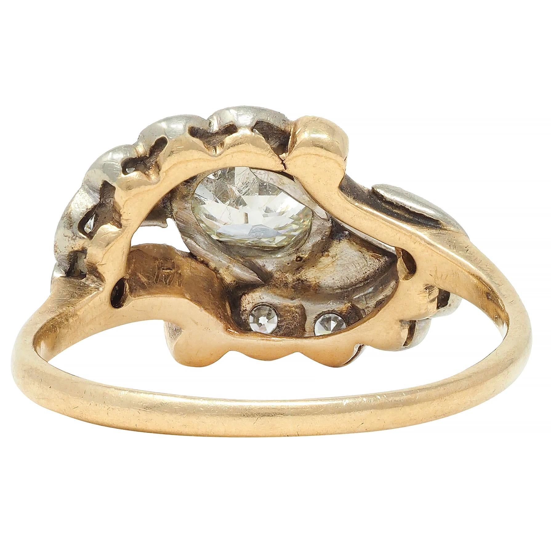 Early Art Deco 0.75 CTW Old Mine Cut Diamond 14 Karat Two-Tone Gold Bypass Ring