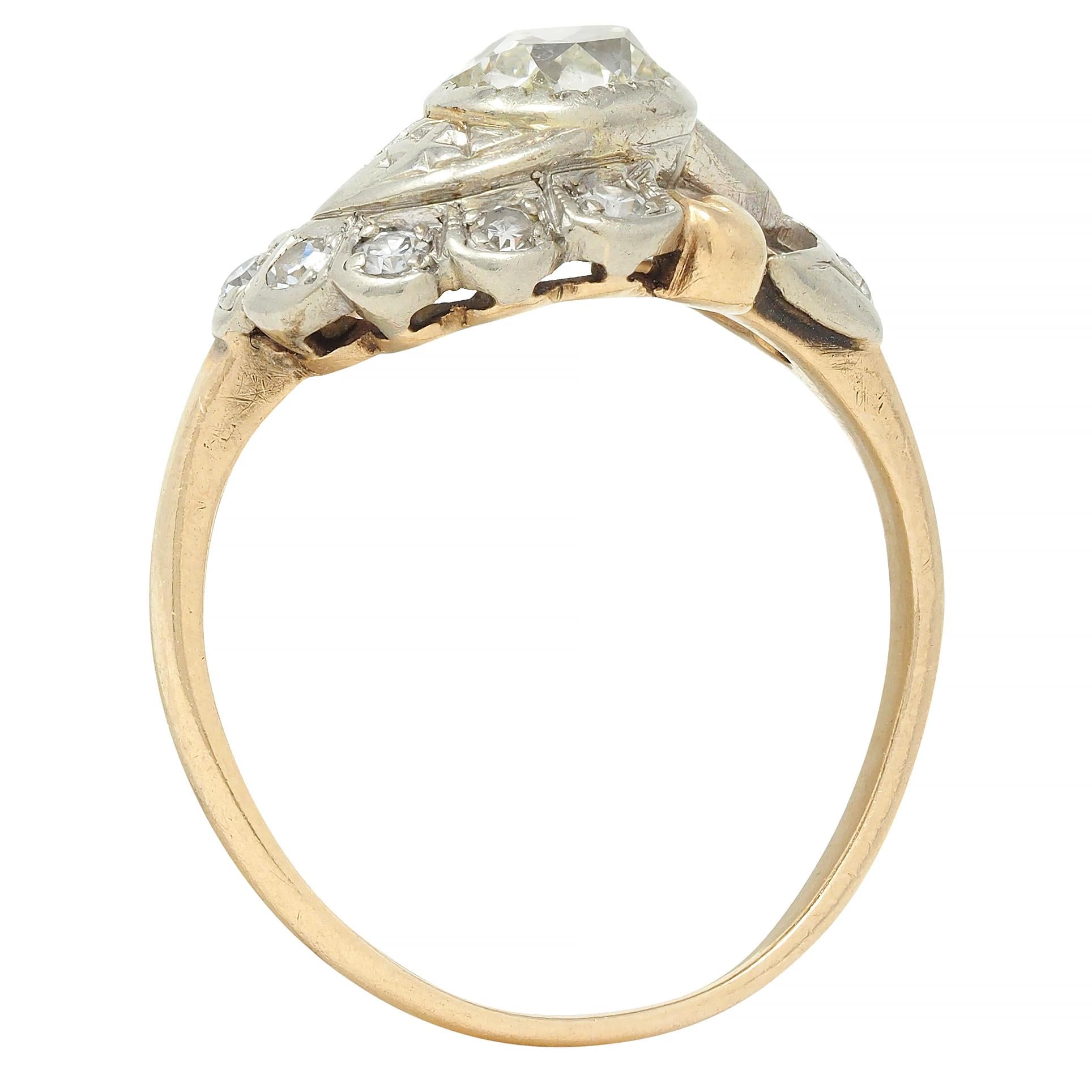 Early Art Deco 0.75 CTW Old Mine Cut Diamond 14 Karat Two-Tone Gold Bypass Ring