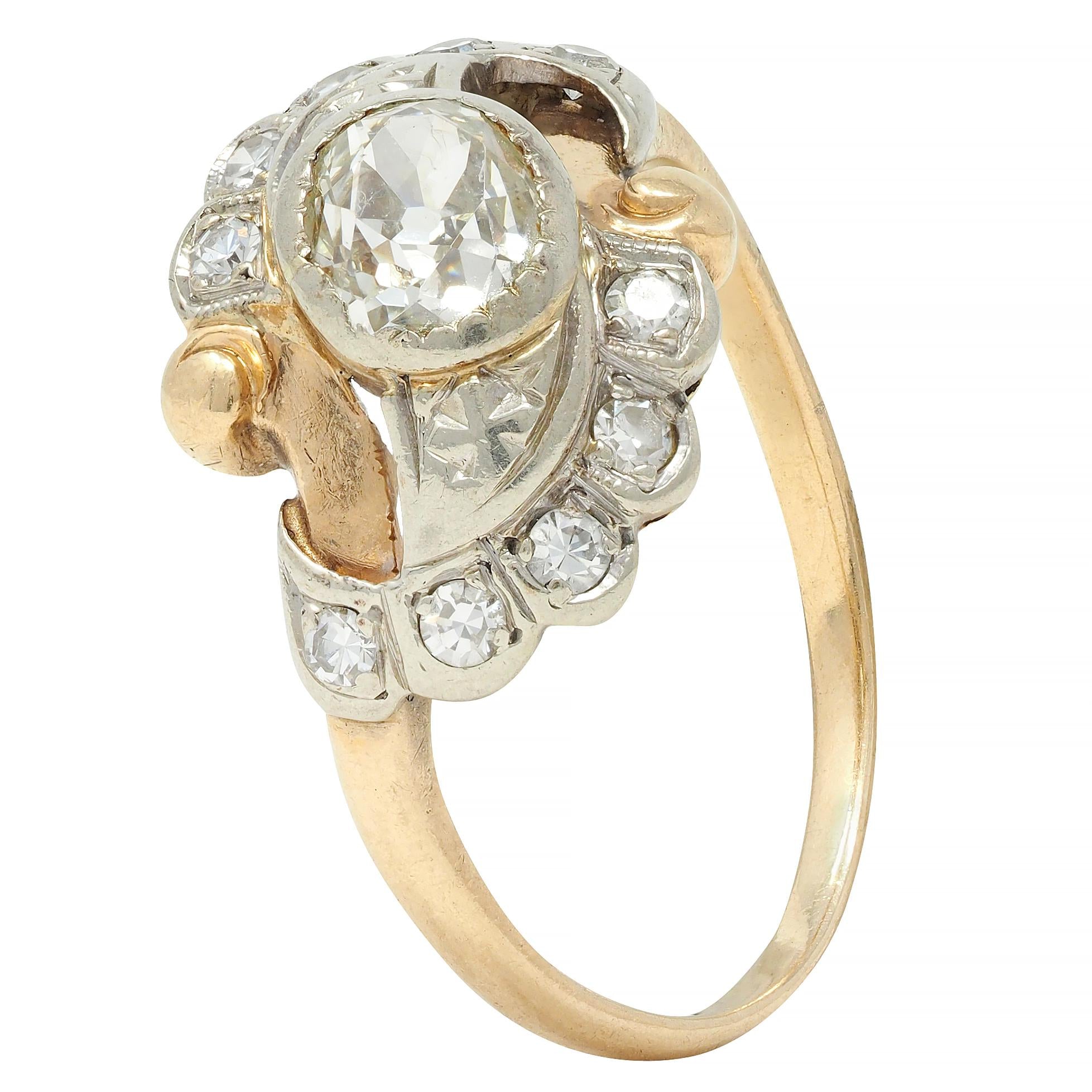 Early Art Deco 0.75 CTW Old Mine Cut Diamond 14 Karat Two-Tone Gold Bypass Ring