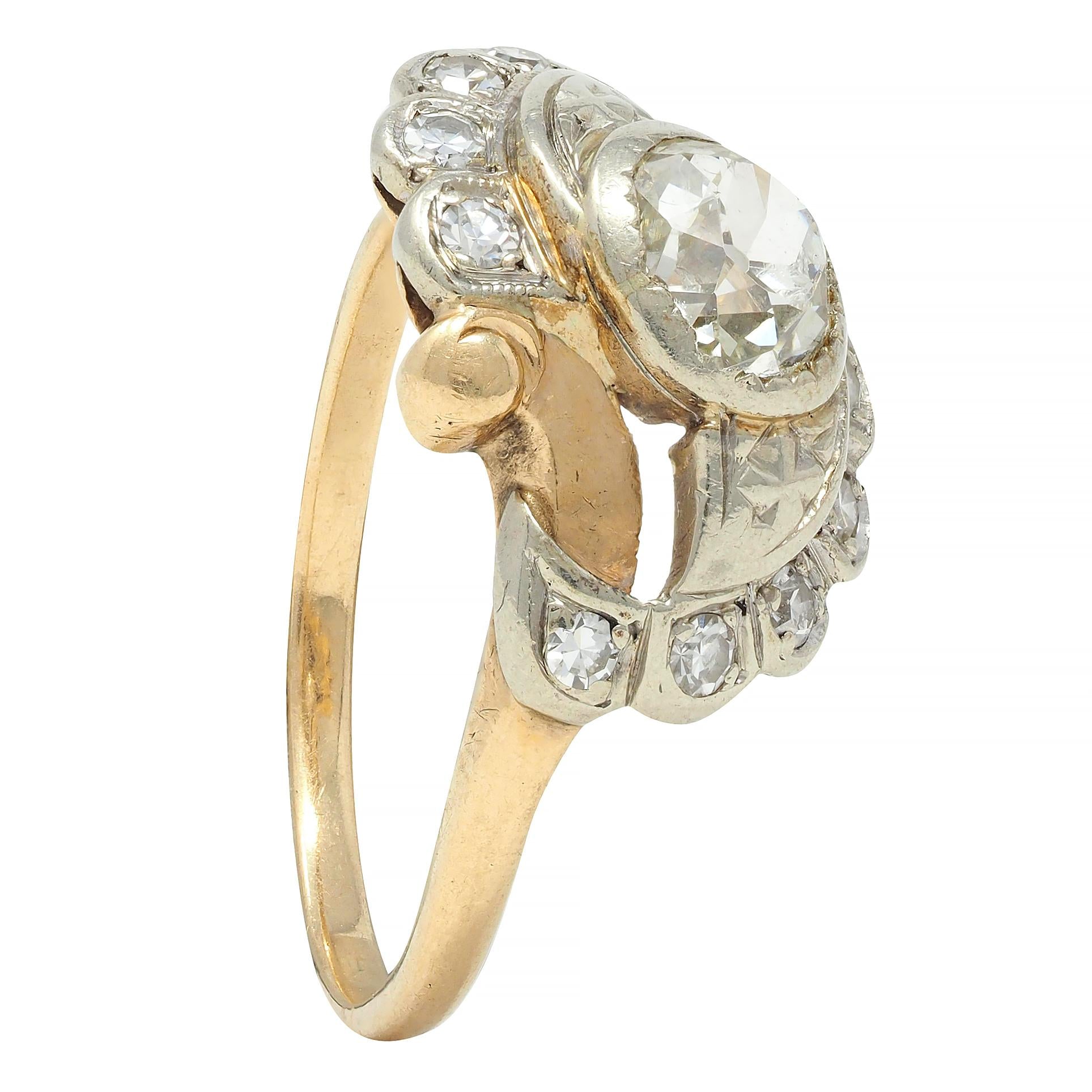 Early Art Deco 0.75 CTW Old Mine Cut Diamond 14 Karat Two-Tone Gold Bypass Ring