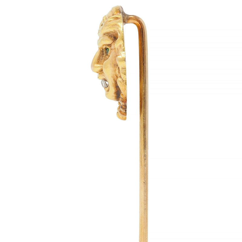 Art Nouveau Diamond Demantoid Garnet 14 Karat Yellow Gold Gorgon Stickpin