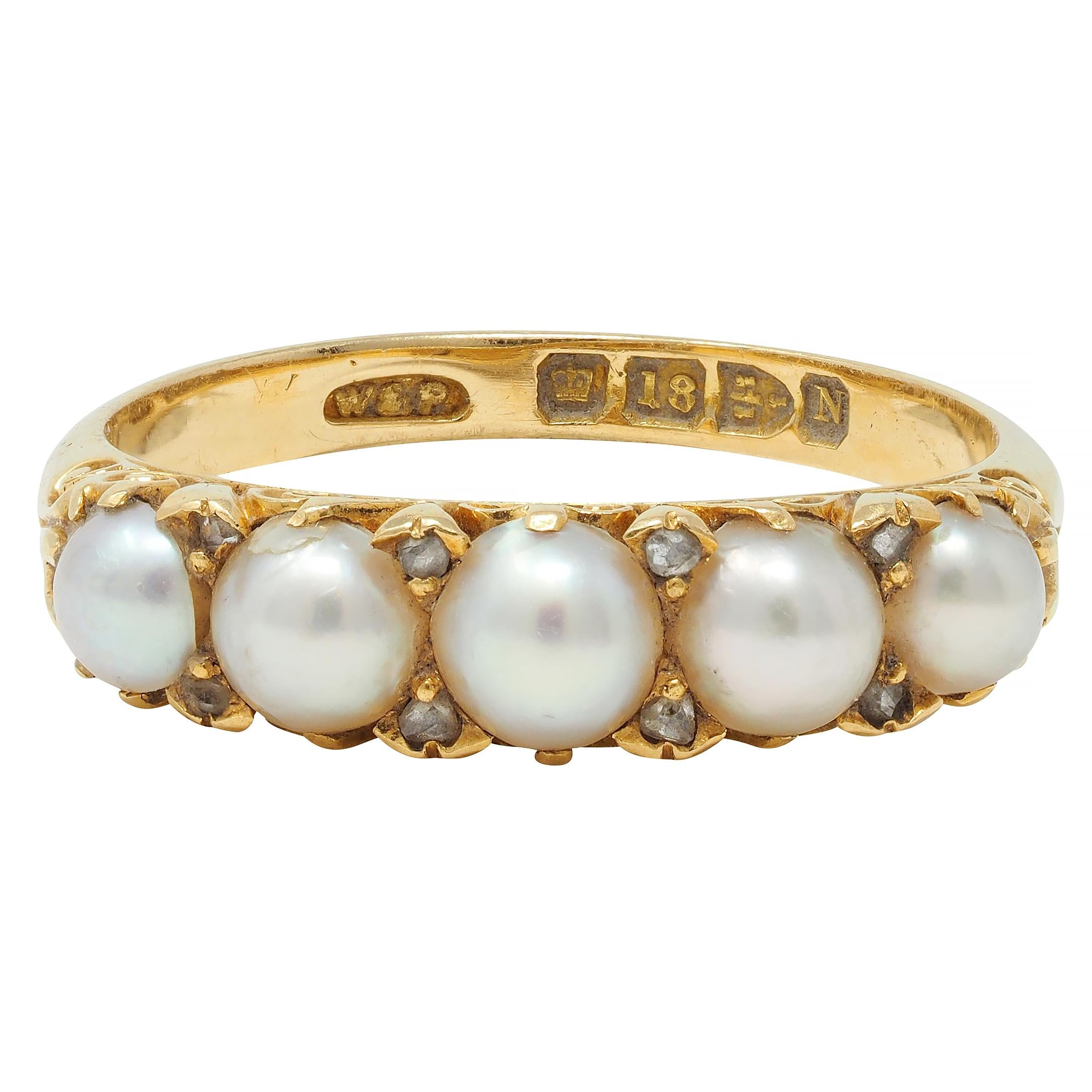 Victorian Pearl Diamond 18 Karat Yellow Gold Scrolling Three Stone Band Ring
