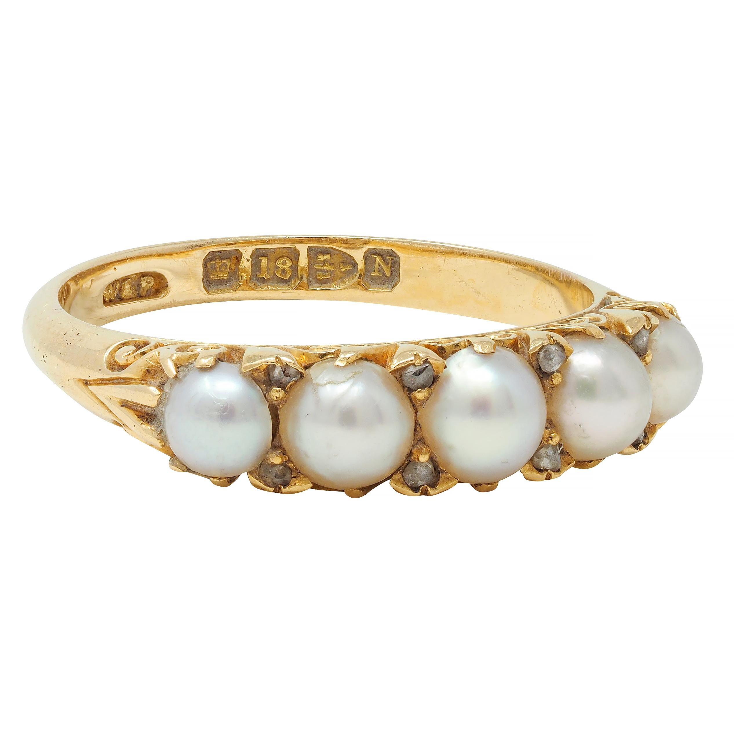Victorian Pearl Diamond 18 Karat Yellow Gold Scrolling Three Stone Band Ring