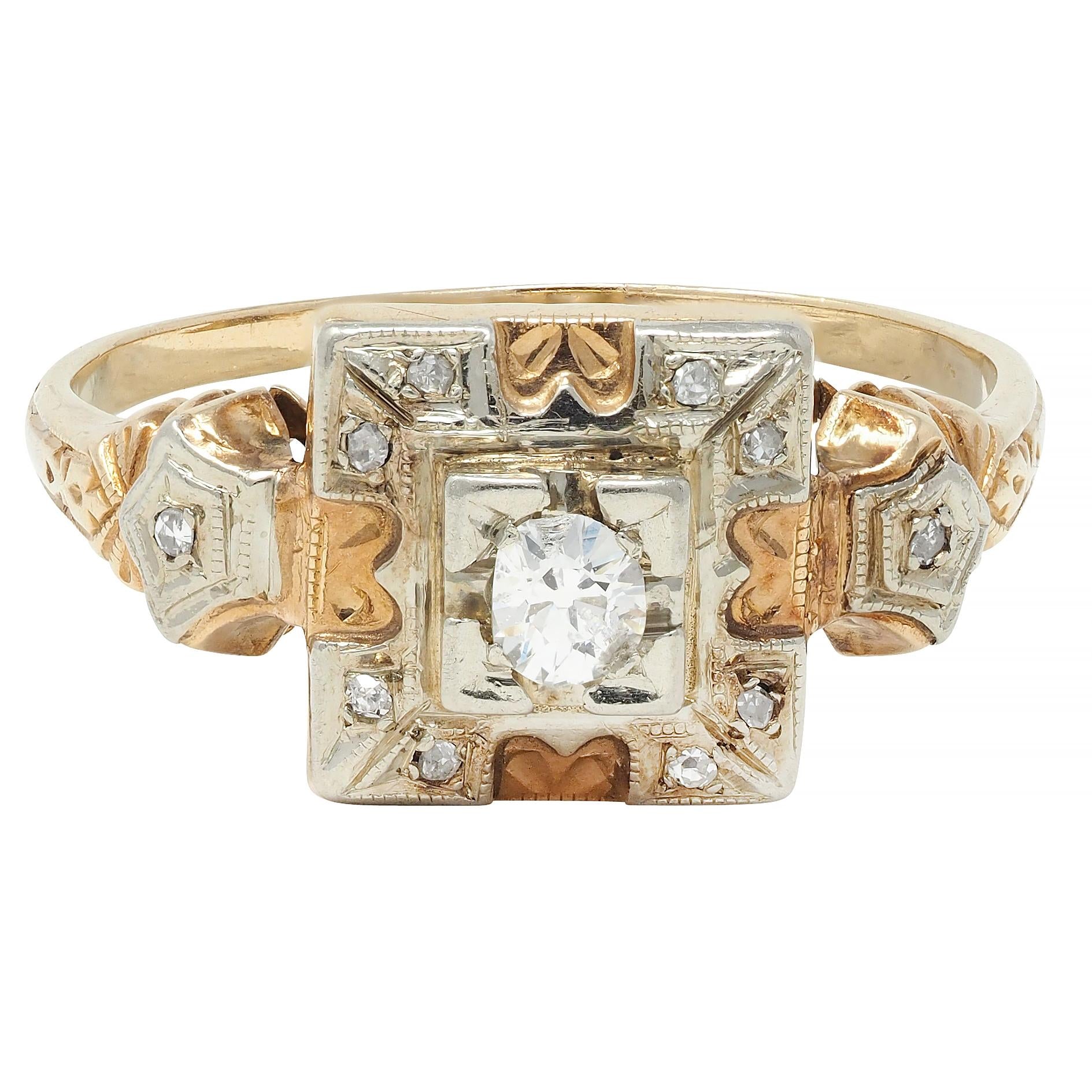 Early Art Deco Diamond 14 Karat Two Tone Square Form Antique Engagement Ring