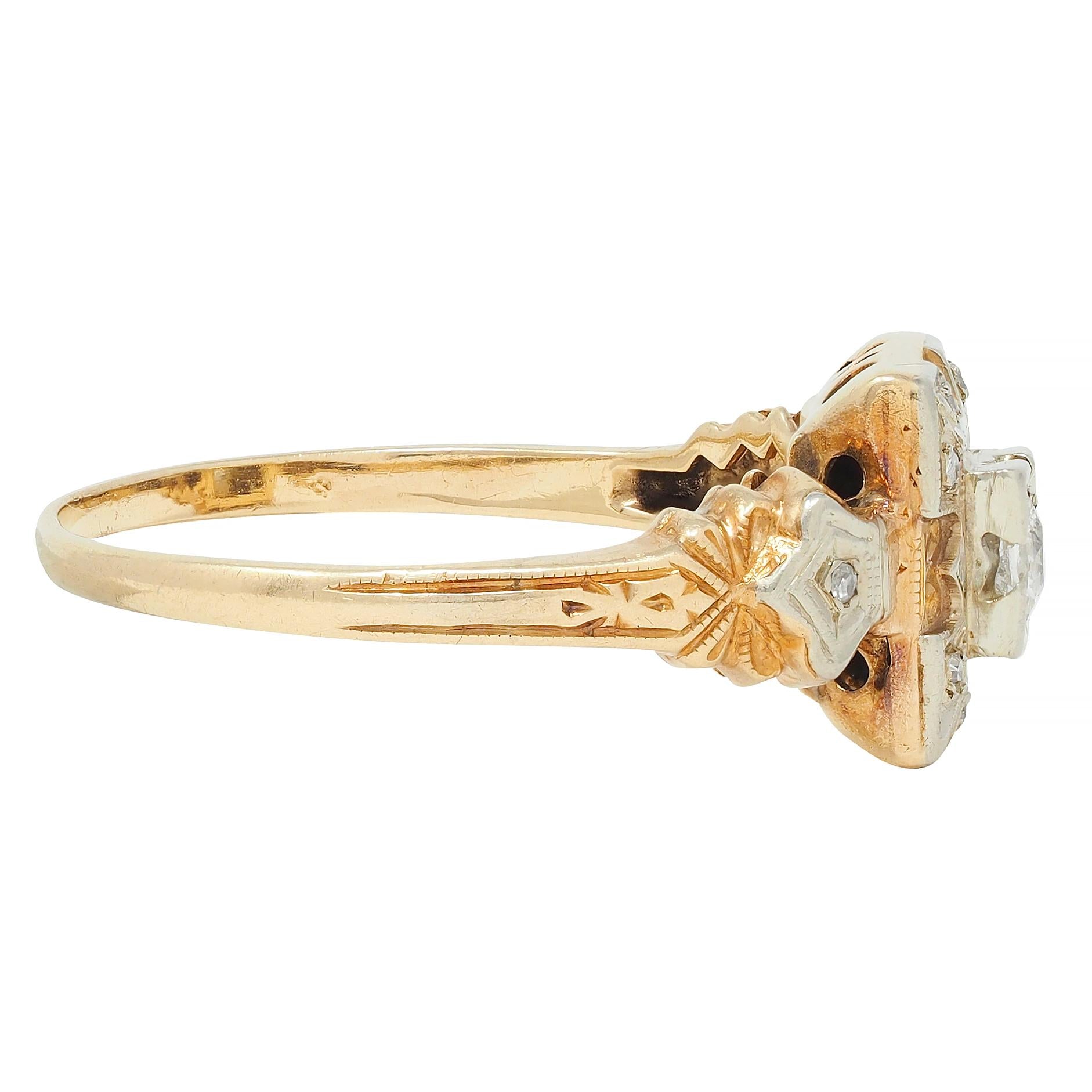 Early Art Deco Diamond 14 Karat Two Tone Square Form Antique Engagement Ring