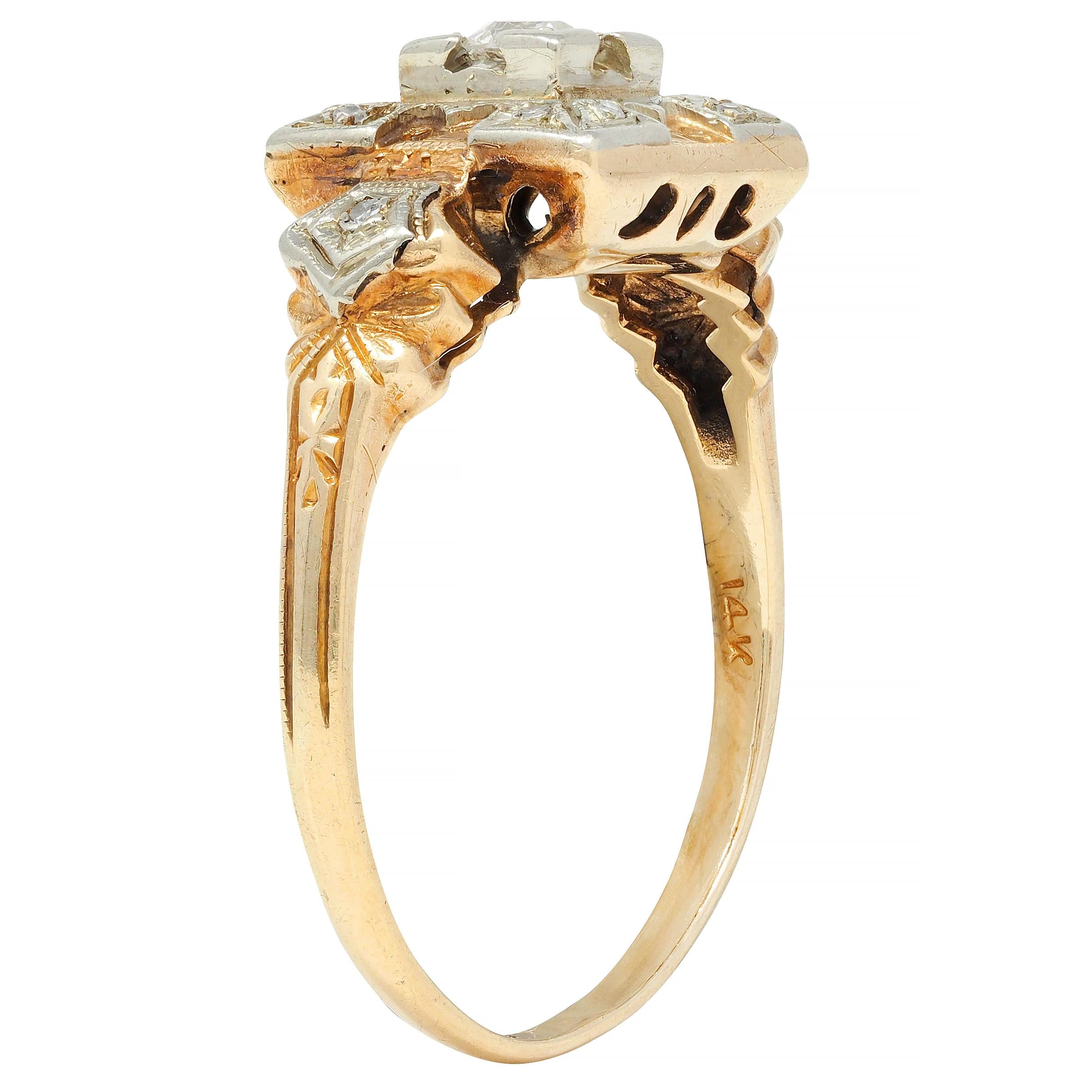 Early Art Deco Diamond 14 Karat Two Tone Square Form Antique Engagement Ring