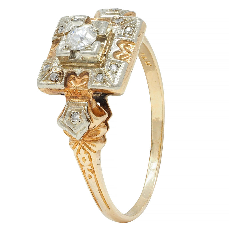 Early Art Deco Diamond 14 Karat Two Tone Square Form Antique Engagement Ring