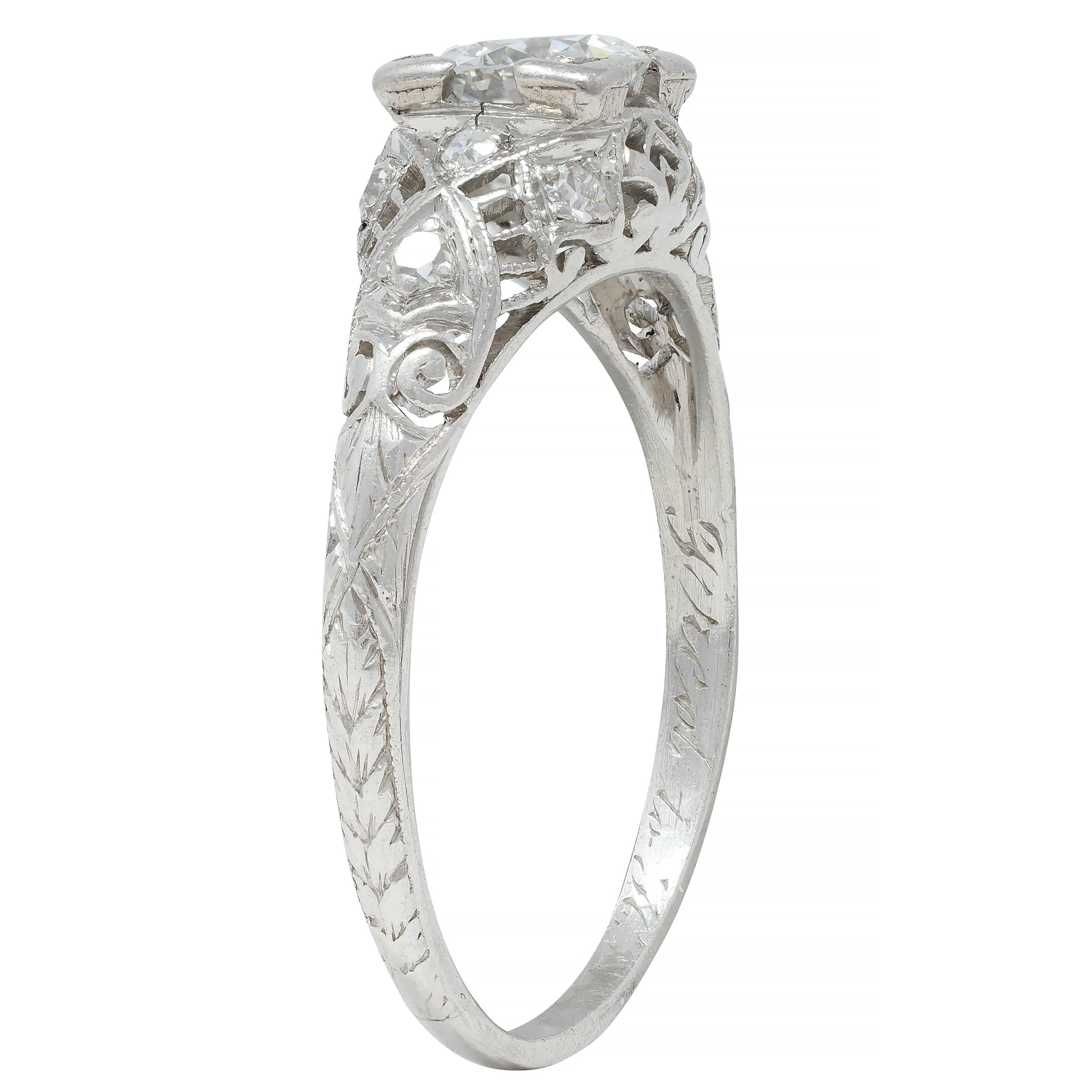 Art Deco 0.75 CTW Old European Diamond Platinum Swirl Engagement Ring
