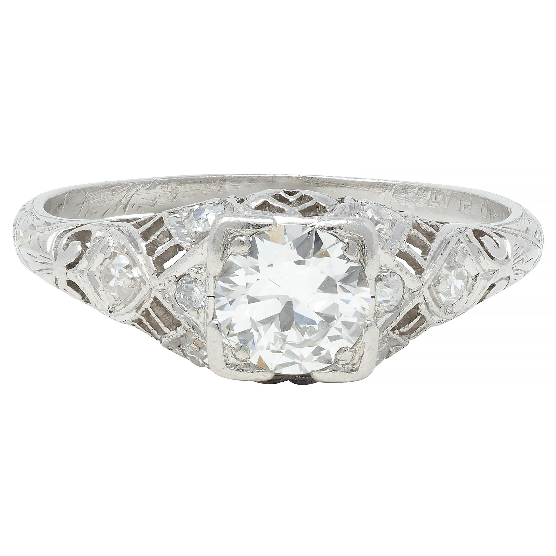 Art Deco 0.75 CTW Old European Diamond Platinum Swirl Engagement Ring