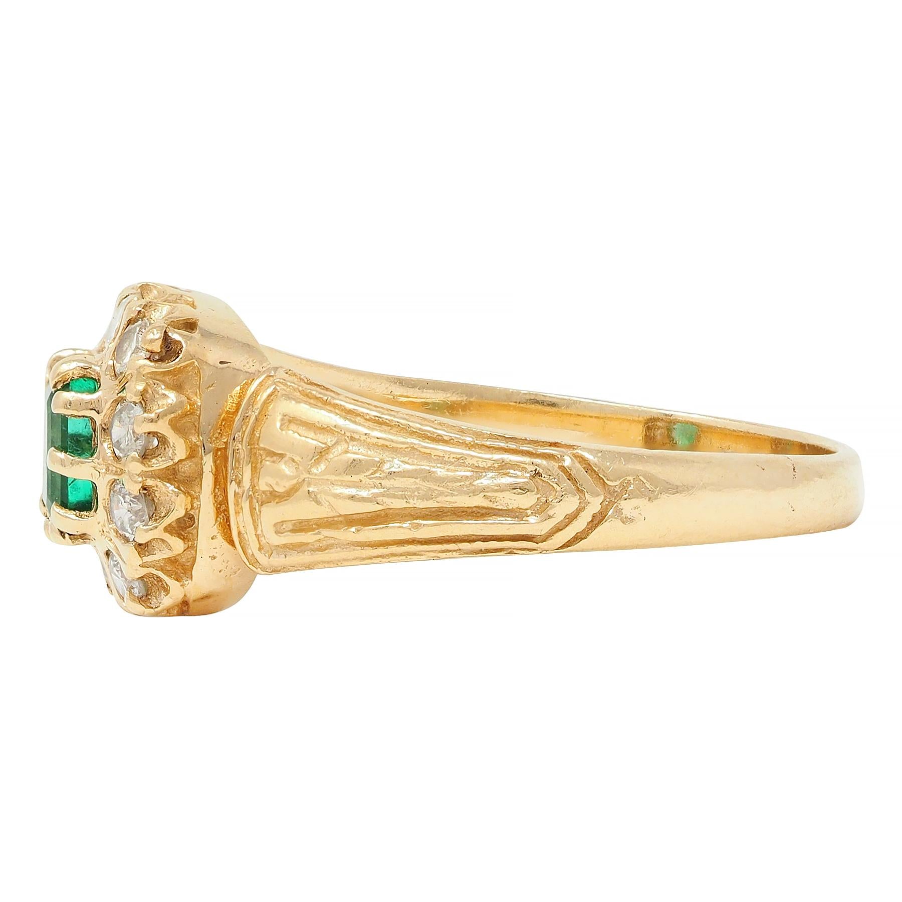Victorian 0.65 CTW Emerald Diamond 14 Karat Yellow Gold Antique Halo Ring
