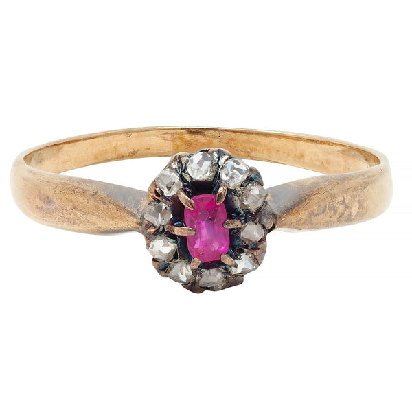 Victorian Ruby Diamond 14 Karat Yellow Gold Antique Halo Ring