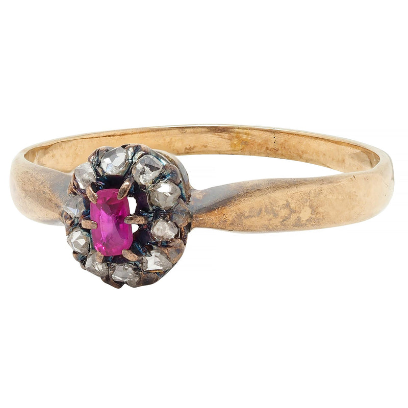 Victorian Ruby Diamond 14 Karat Yellow Gold Antique Halo Ring