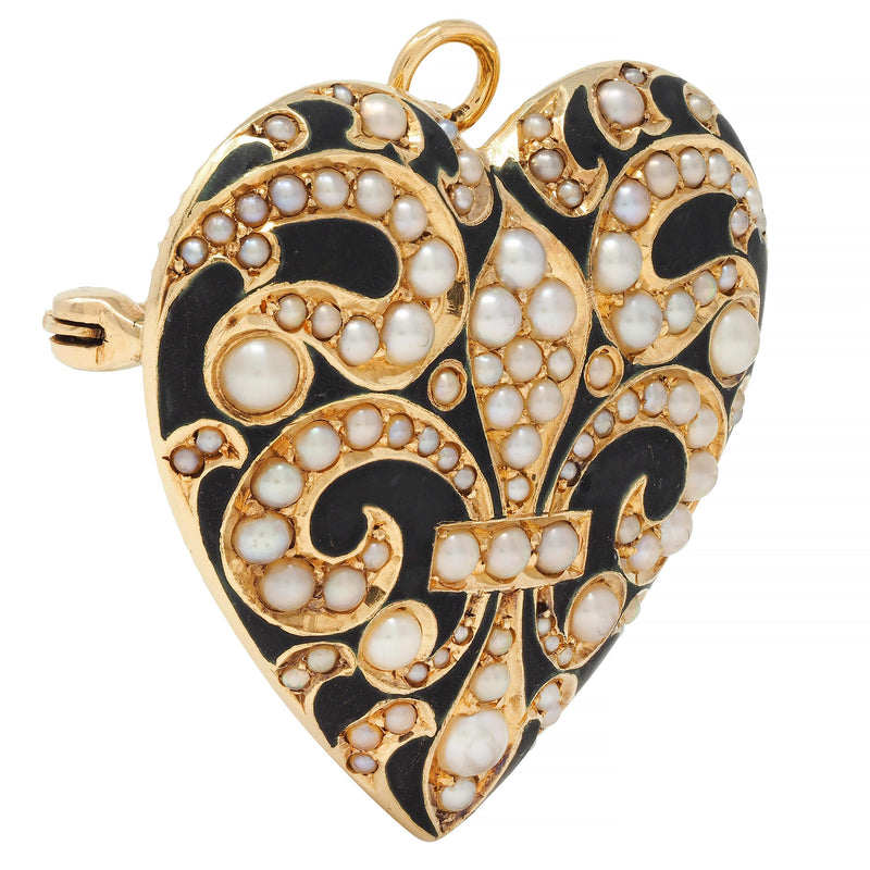 Victorian Pearl Enamel 14 Karat Yellow Gold Heart Locket Antique Pendant Brooch