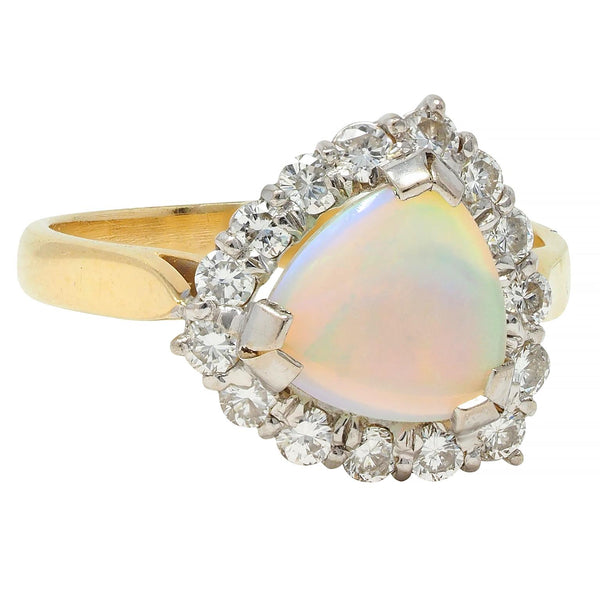 1980s Opal Diamond 18 Karat Yellow White Gold Triangular Vintage Halo Ring