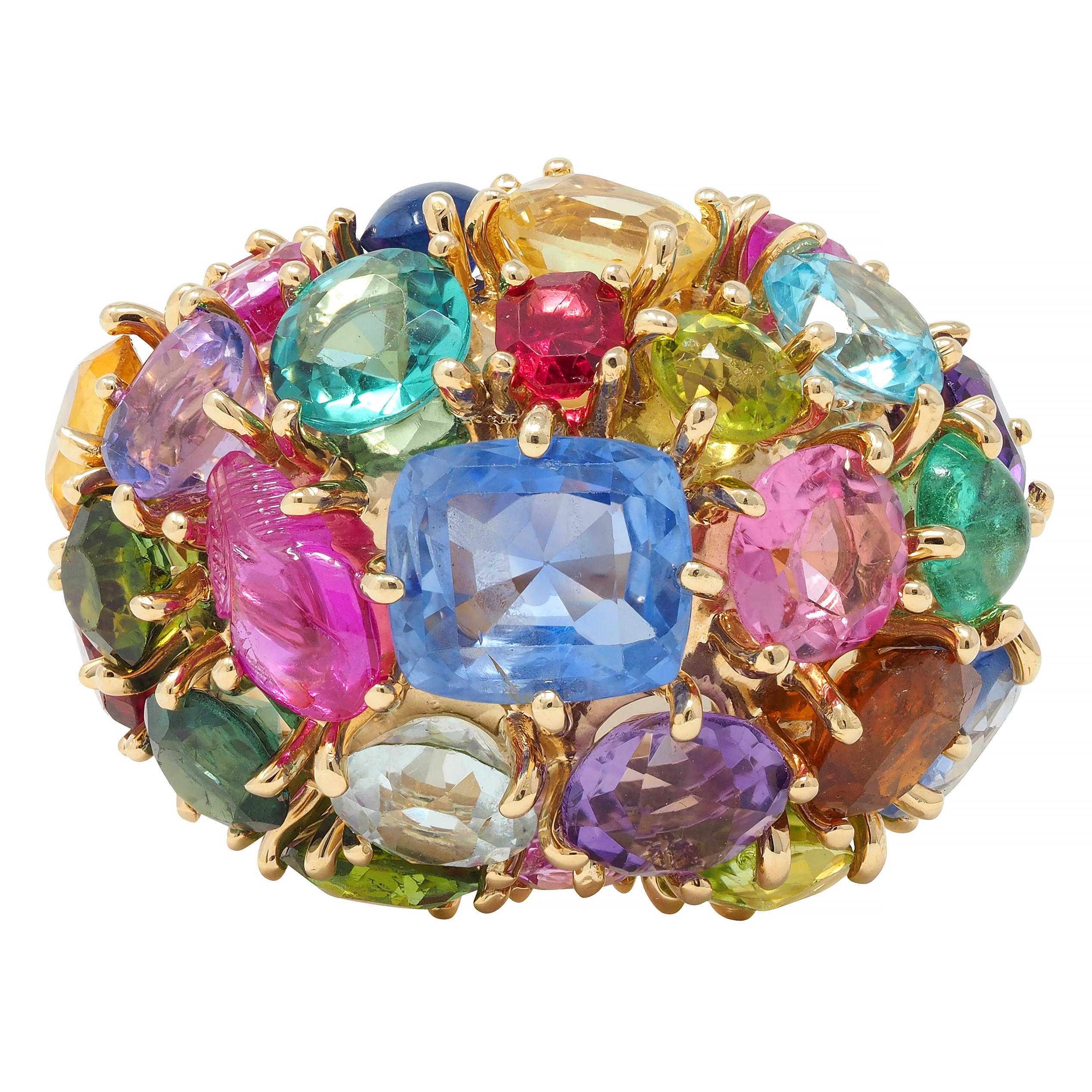 1990's Multi-Gem 14 Karat Yellow Gold Vintage Cluster Cocktail Ring