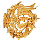 Art Nouveau French 18 Karat Yellow Gold Dragon Holly Circle Brooch