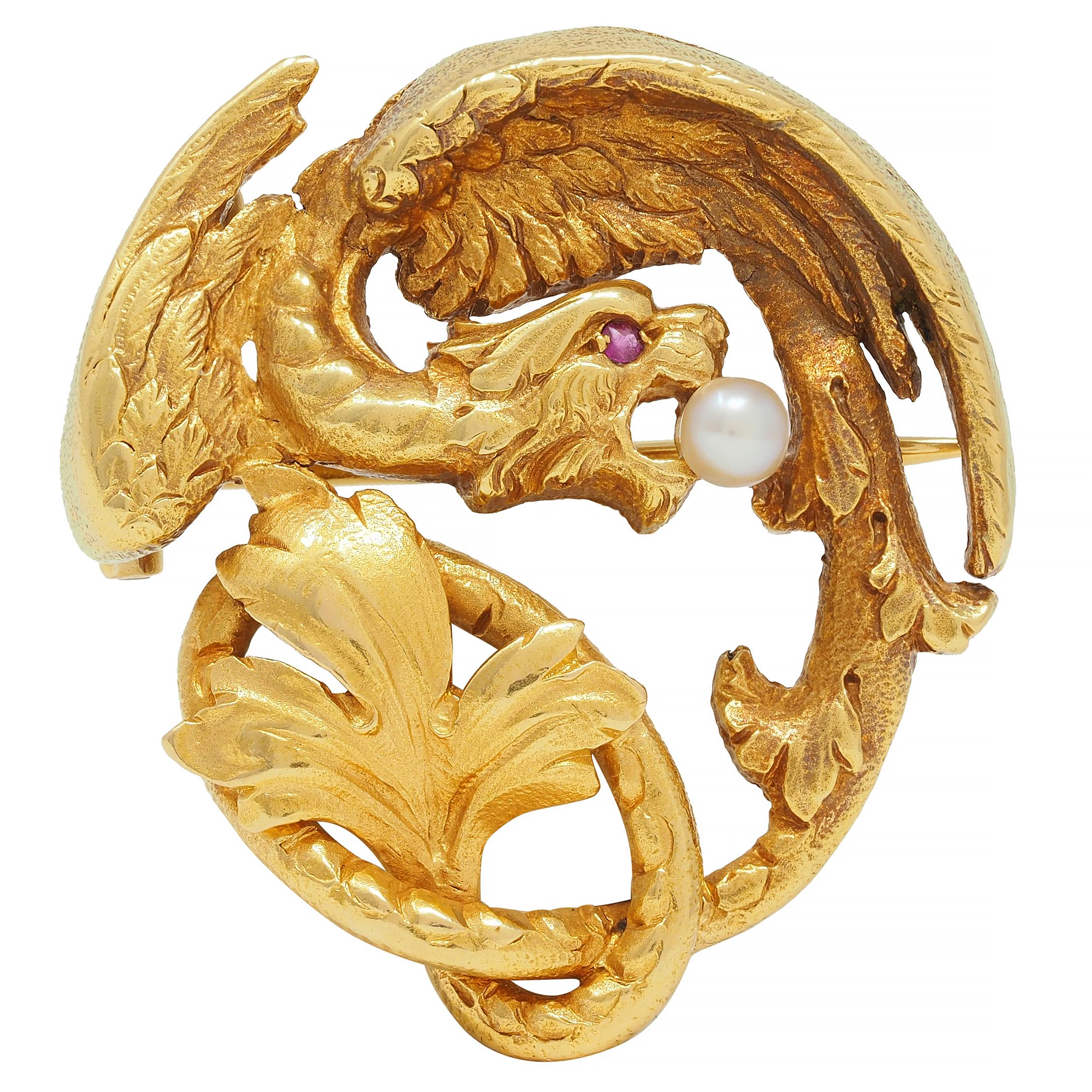 Art Nouveau French Ruby Pearl 18K Yellow Gold Griffin Antique Pendant Brooch