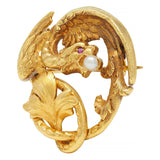 Art Nouveau French Ruby Pearl 18K Yellow Gold Griffin Antique Pendant Brooch