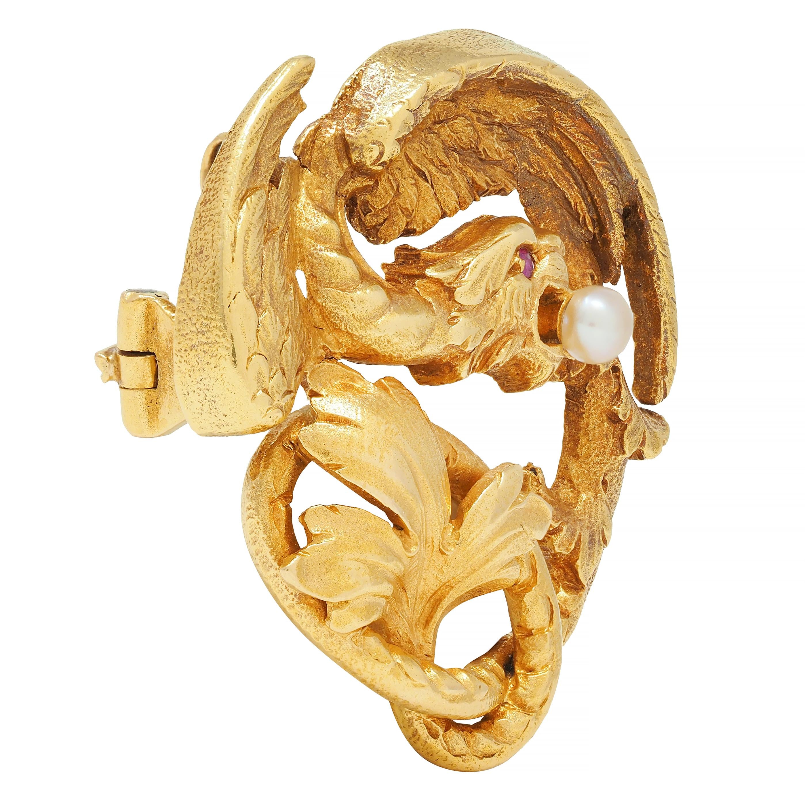 Art Nouveau French Ruby Pearl 18K Yellow Gold Griffin Antique Pendant Brooch