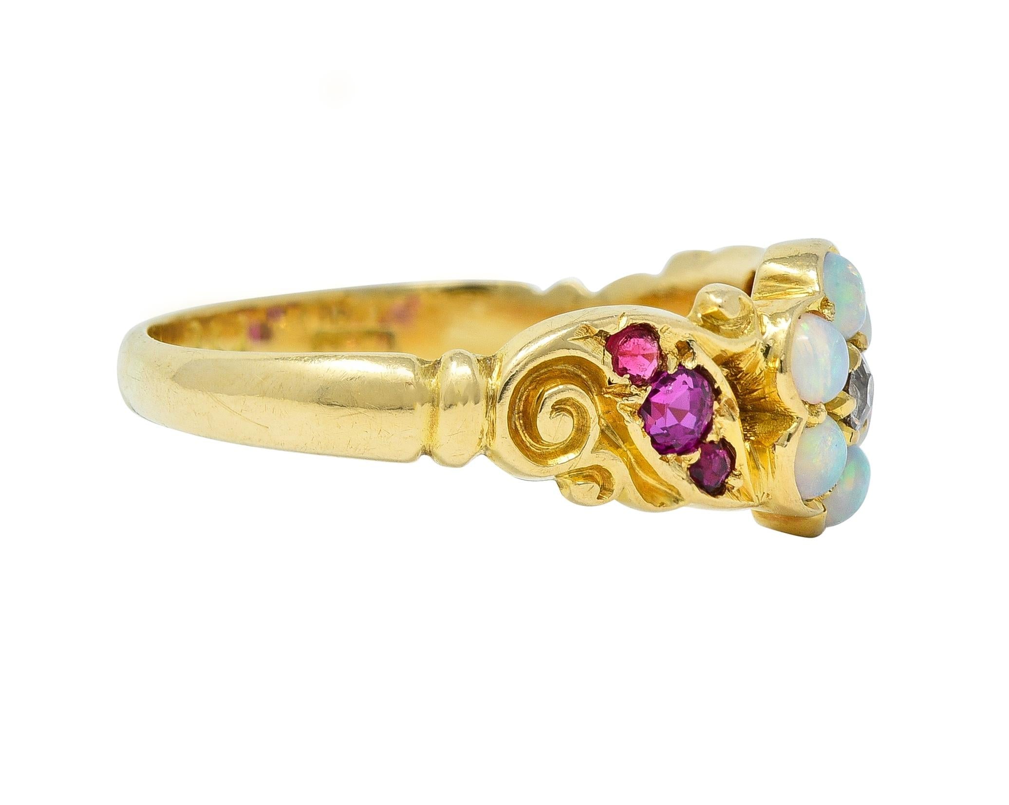Victorian Diamond Opal Ruby 18 Karat Yellow Gold Antique Floral Cluster Ring