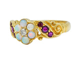Victorian Diamond Opal Ruby 18 Karat Yellow Gold Antique Floral Cluster Ring