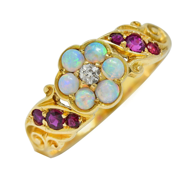Victorian Diamond Opal Ruby 18 Karat Yellow Gold Antique Floral Cluster Ring
