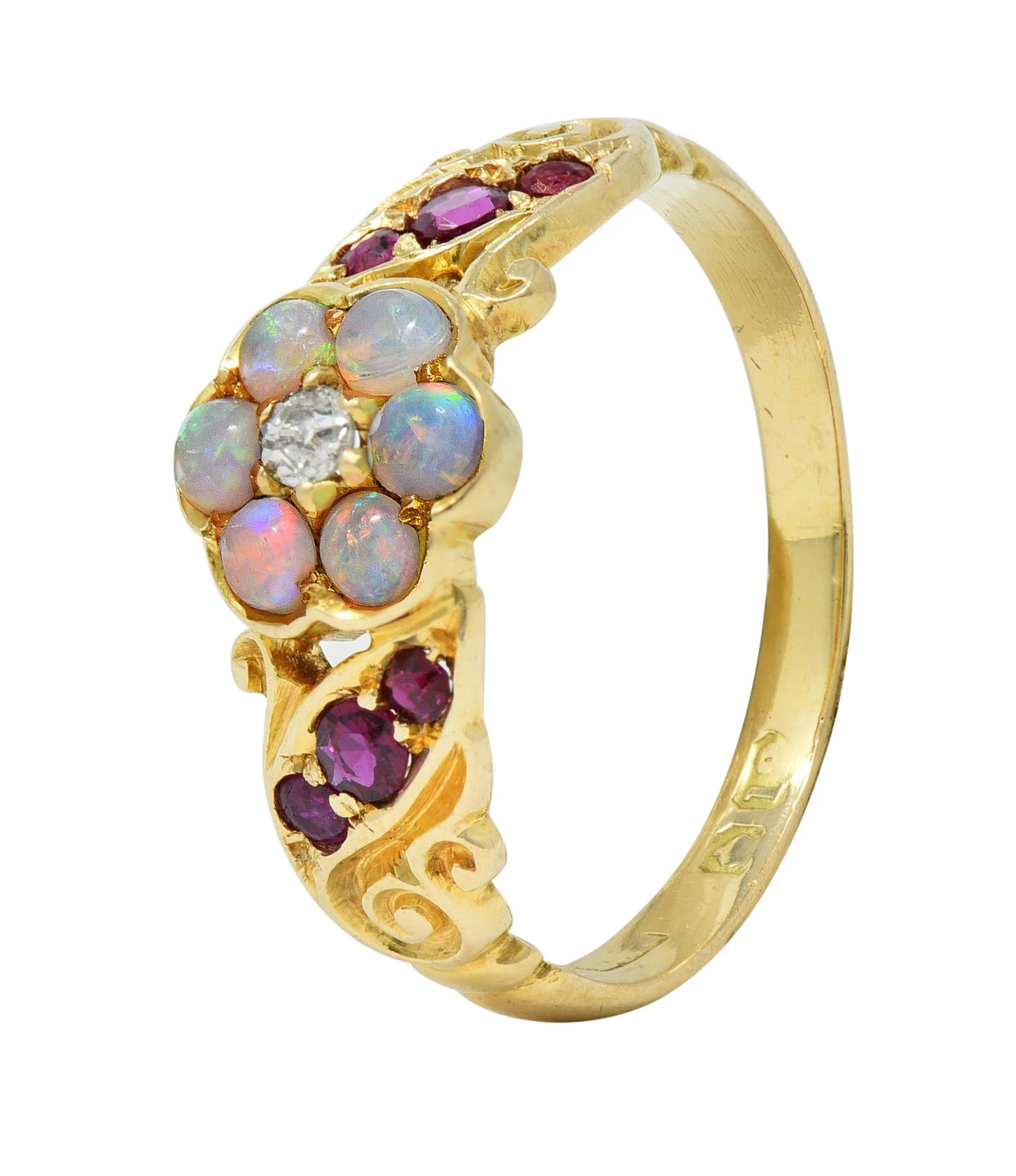 Victorian Diamond Opal Ruby 18 Karat Yellow Gold Antique Floral Cluster Ring