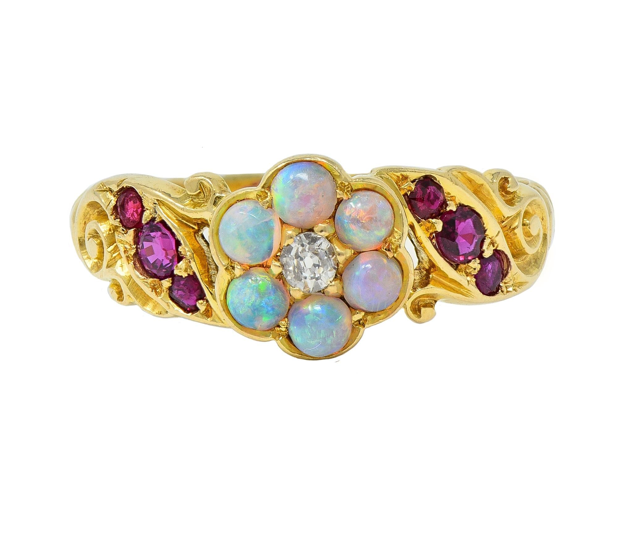 Victorian Diamond Opal Ruby 18 Karat Yellow Gold Antique Floral Cluster Ring