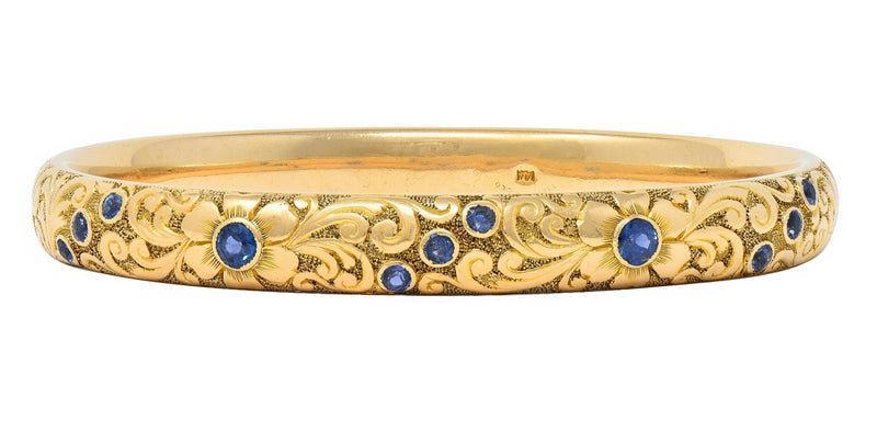 Tiffany & Co. Victorian Antique Sapphire 14 Karat Gold Floral Bangle Bracelet