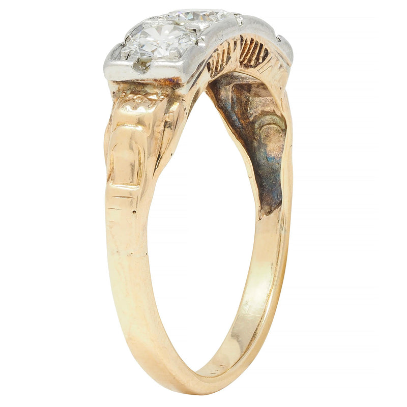 Art Deco 0.60 CTW Diamond Platinum 14 Karat Gold Three Stone Antique Band Ring