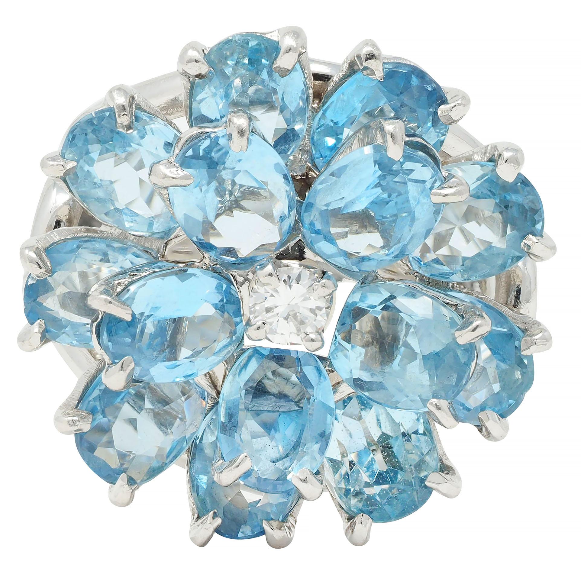 Tiffany & Co. 1960s 5.71 CTW Aquamarine Diamond Platinum Flower Vintage Ring