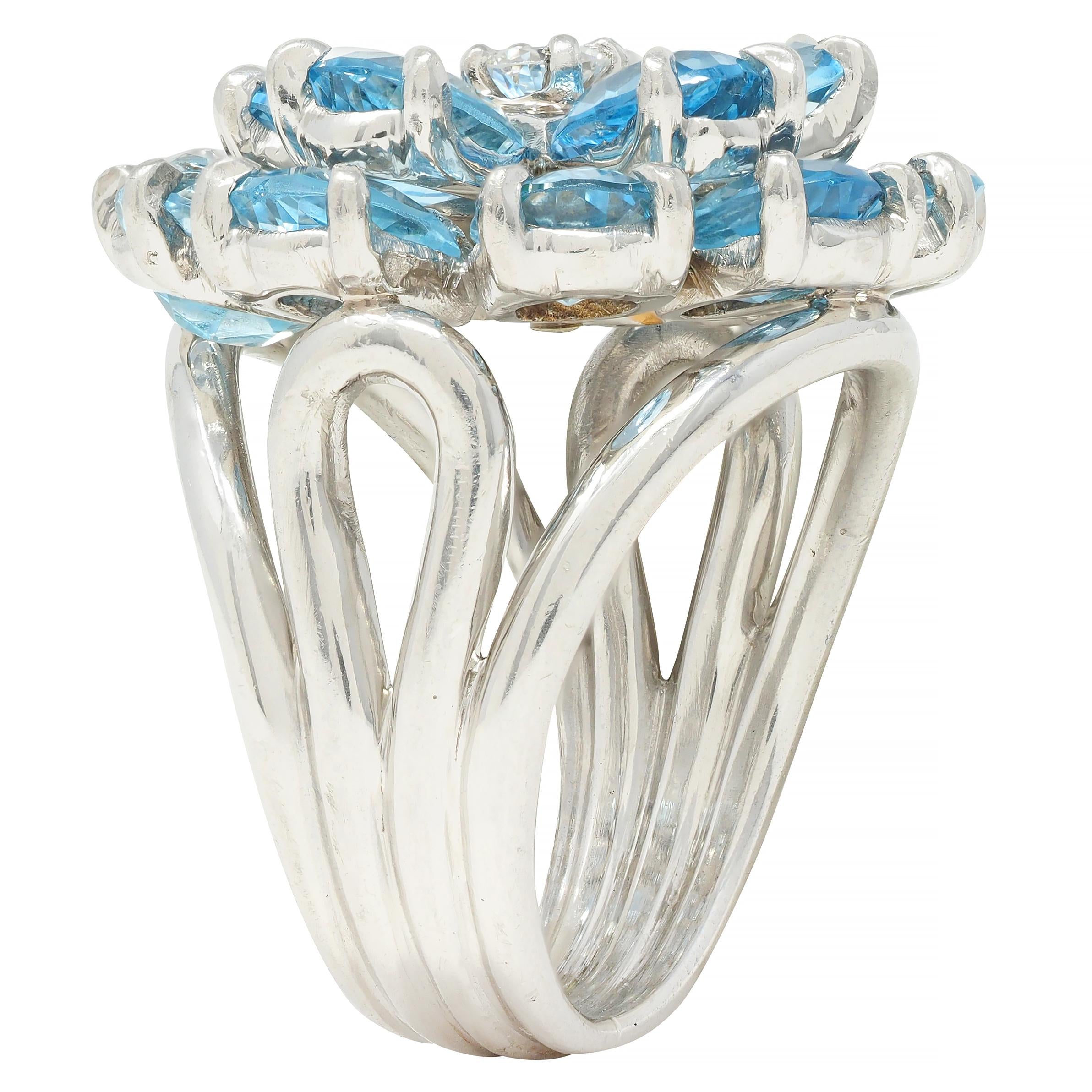 Tiffany & Co. 1960s 5.71 CTW Aquamarine Diamond Platinum Flower Vintage Ring