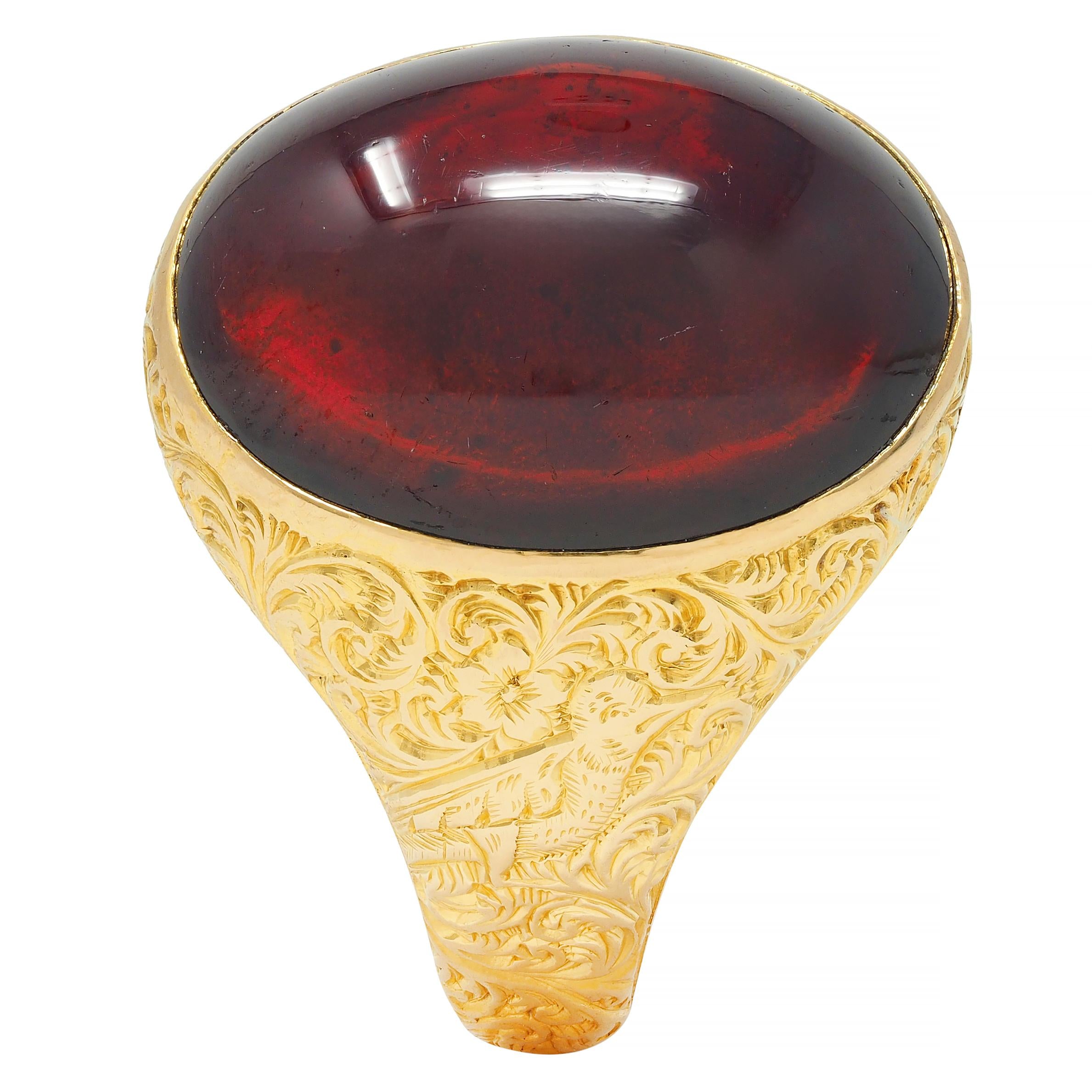 Victorian Garnet Cabochon 18 Karat Yellow Gold Floral Antique Unisex Signet Ring