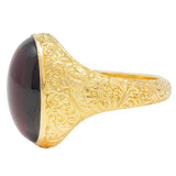 Victorian Garnet Cabochon 18 Karat Yellow Gold Floral Antique Unisex Signet Ring