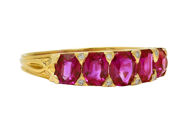 Art Nouveau 1.67 CTW Ruby Diamond 18 Karat Yellow Gold Foliate Antique Band Ring