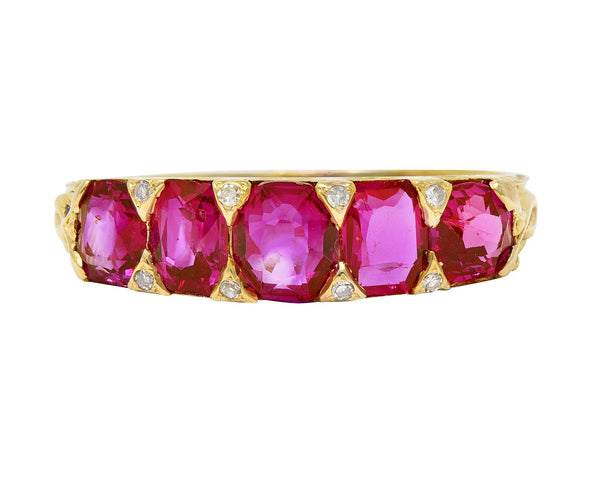 Art Nouveau 1.67 CTW Ruby Diamond 18 Karat Yellow Gold Foliate Antique Band Ring