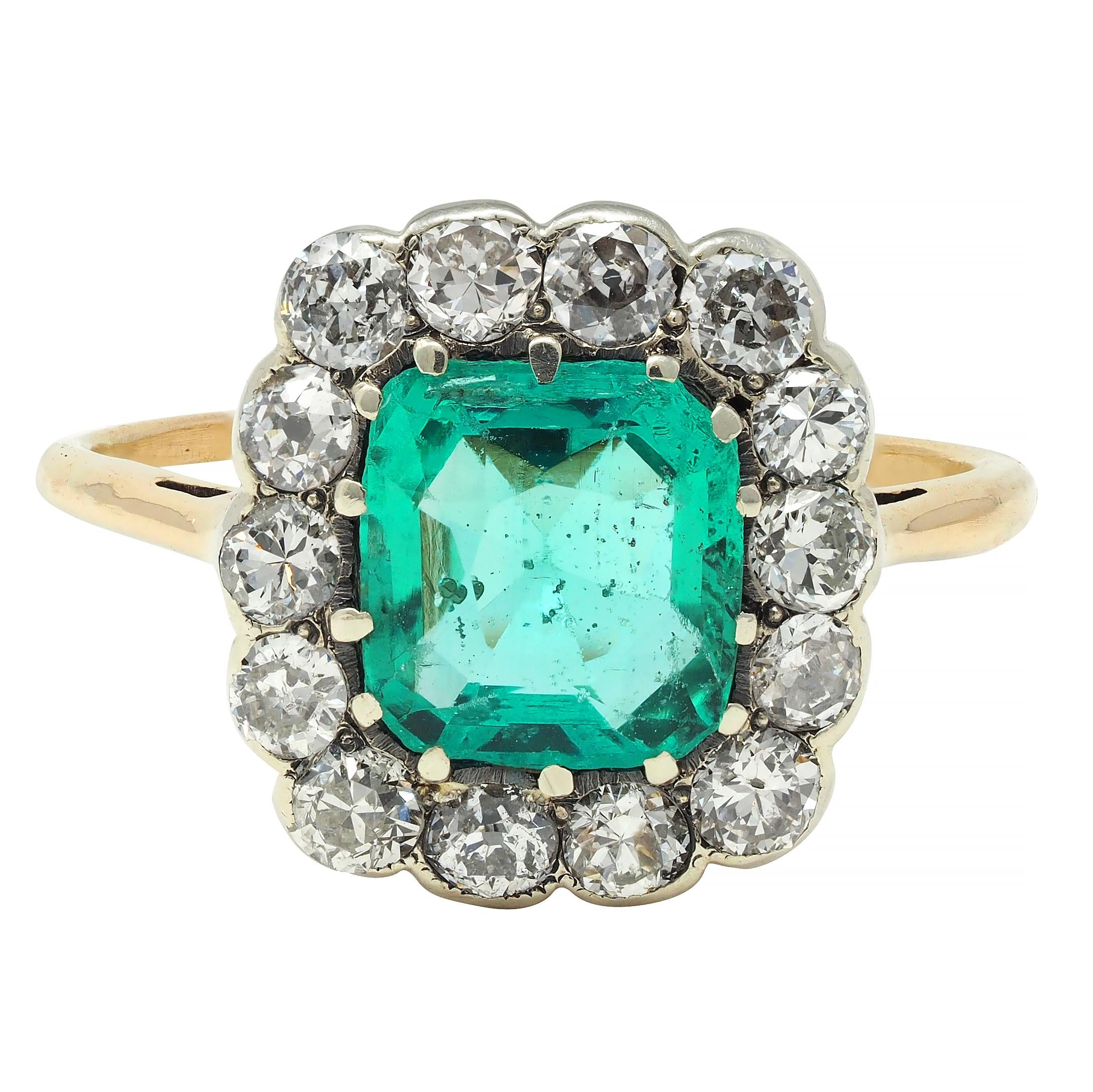 Victorian Colombian No Oil Emerald Diamond 14 Karat Gold Antique Halo Ring GIA
