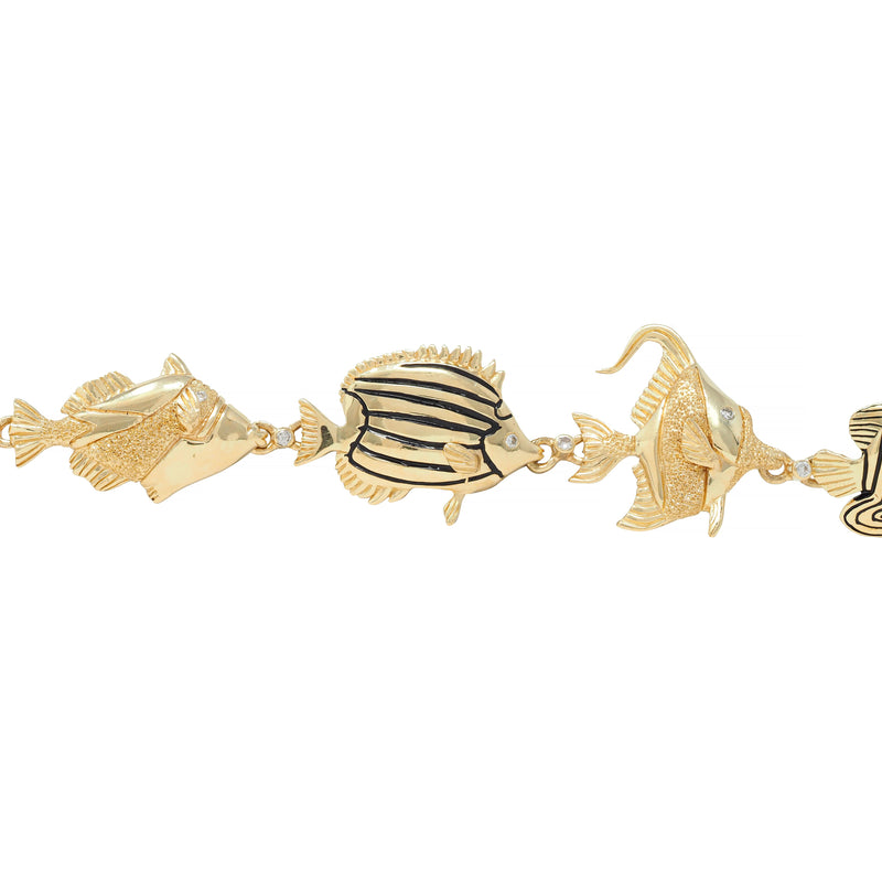 Vintage Diamond Enamel 14 Karat Yellow Gold Tropical Fish Link Bracelet